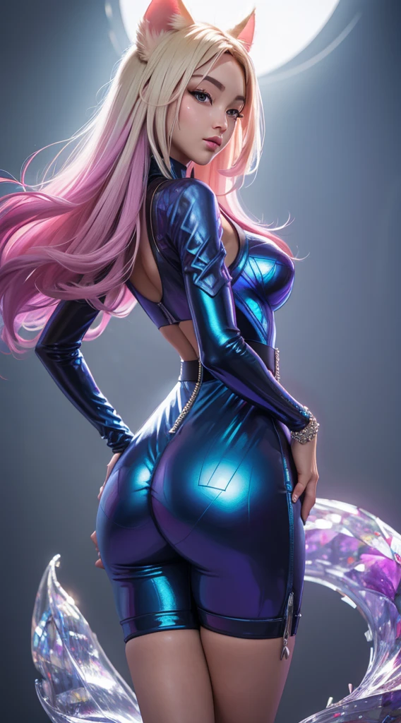 Ahri KDA, Back view, big ass, perfect breast, beautiful, sexy, slim, cute, highly detailed, deep focused image, realistic full-lenght photo, sexy jumpsuit