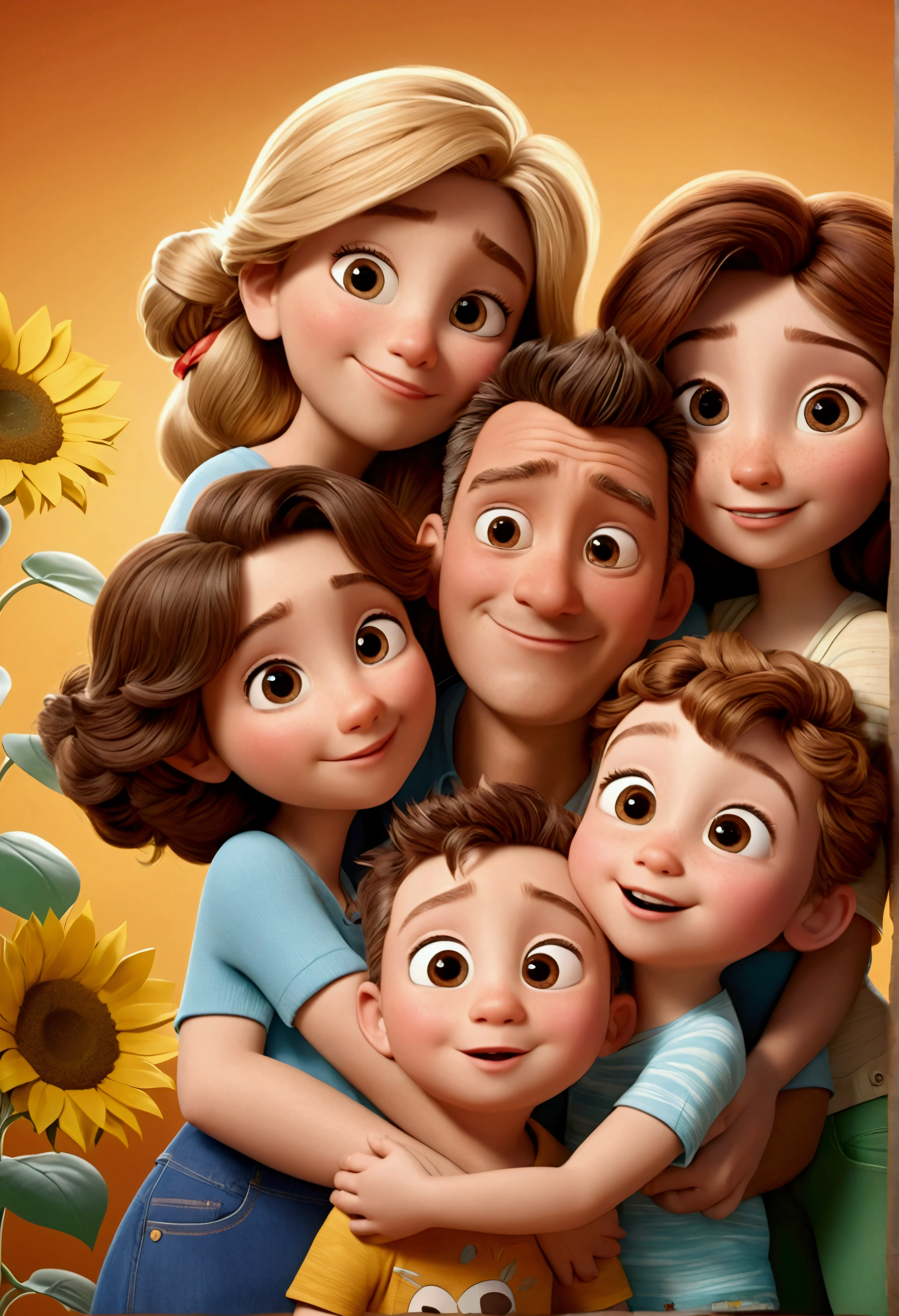 Create a Disney PIXAR style 3D poster. Family of 5, ((3 Children's Center)), ((2 baby in the middle , They are hugging each other, The boy has fair skin and light brown hair and light brown eyes, 1 has fair skin, light brown and wavy eyes and hair, And the baby has fair skin, light brown eyes and straight blonde hair)) ((all this in Disney PIXAR 3D style, No fundo, A house of sunflowers, Studio Glória, The garden is full of nature 3D rendering RTX clay material, cardboard design style, POP Market, soft lighting, smooth lines, Spring tilt, Detailed PIXAR 3D illustrations, hyperrealistic details, Warm color in Disney PIXAR 3D style))