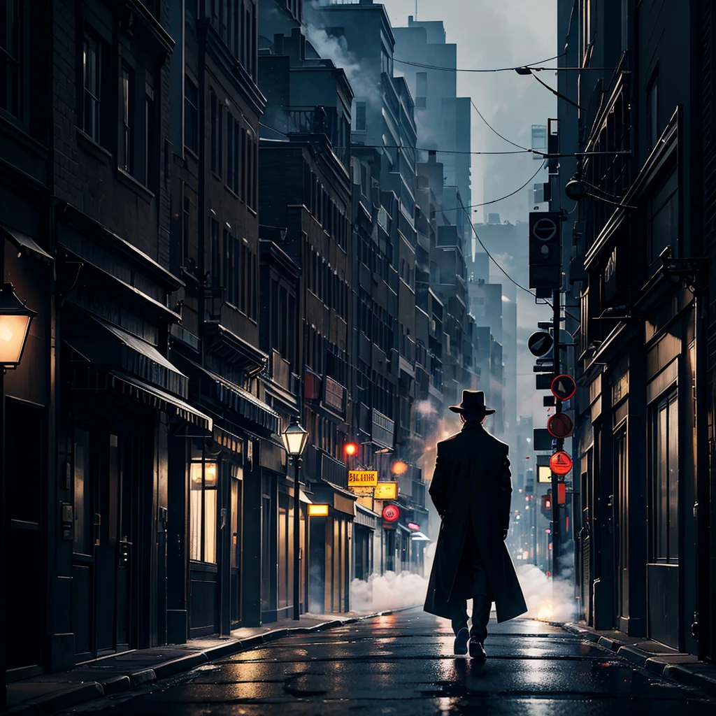 Mysterious man with black hat over his face with a black long jacket with black briefcase walking towards a building. streets are filled with smoke it is night. erie light emanated out of building window. light is also lit under ome mysterious street light.