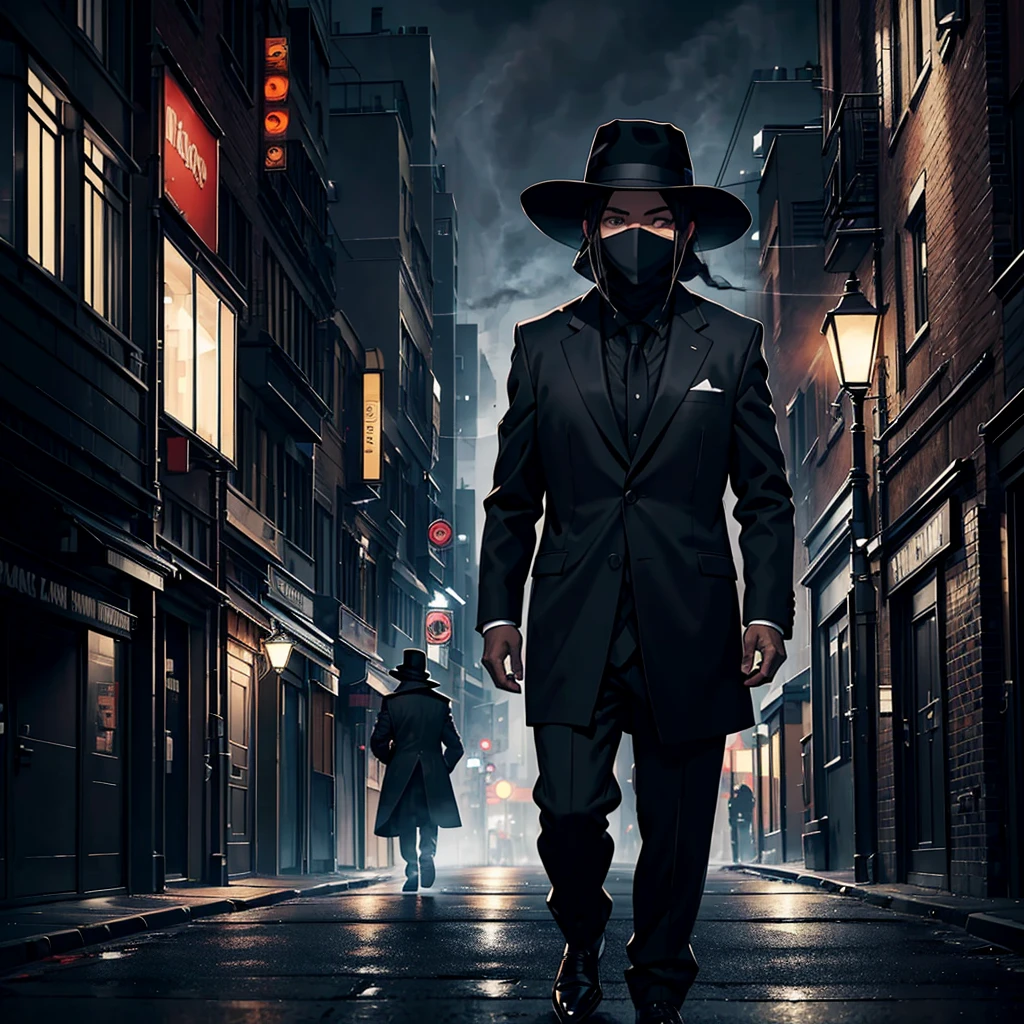 Mysterious man with black hat over his face with a black long jacket with black briefcase walking towards a building. streets are filled with smoke it is night. erie light emanated out of building window. light is also lit under ome mysterious street light.