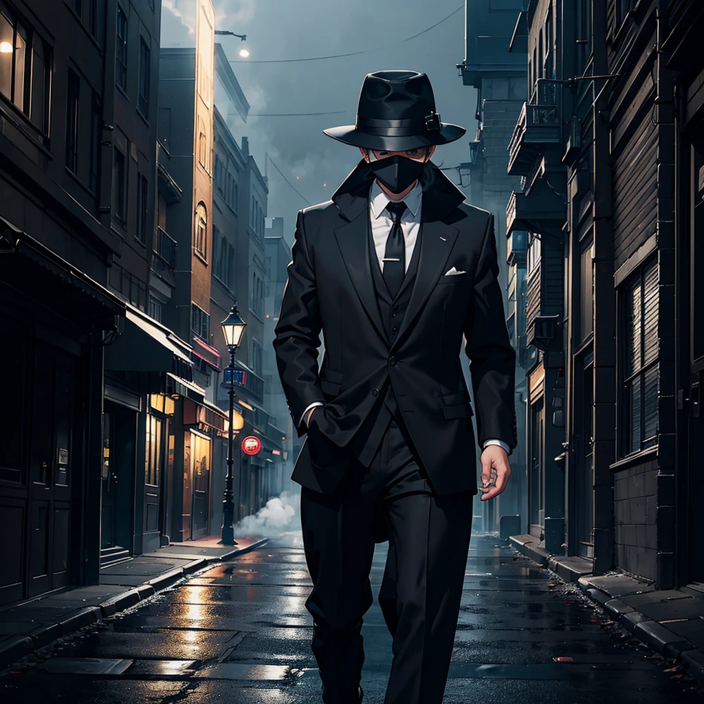 Mysterious man with black hat over his face with a black long jacket with black briefcase walking towards a building. streets are filled with smoke it is night. erie light emanated out of building window. light is also lit under ome mysterious street light.