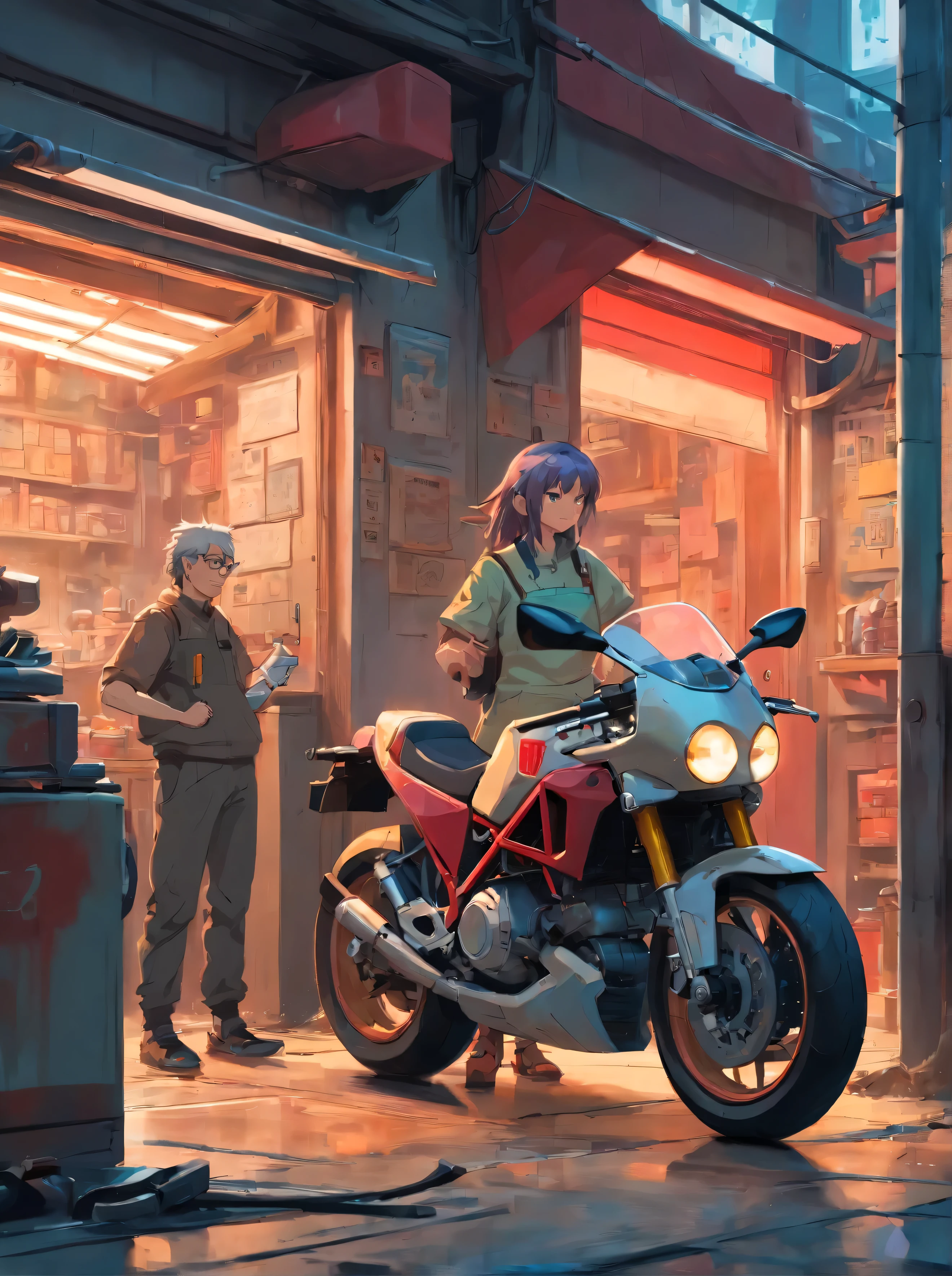1 mechanic arguing, motobike ducati three quarter view not factory tuned classic out of a garage being repaired, Garage witch windows, symetric, crowded room, sketch, with some mud on the bodywork and the windshield, grey and light red and pastel red headlight on, paint style with large trendy, 4k, enlarged view, expressionist brush strokes paint on artstation, concept art, cyberpunk, --ar 2:3