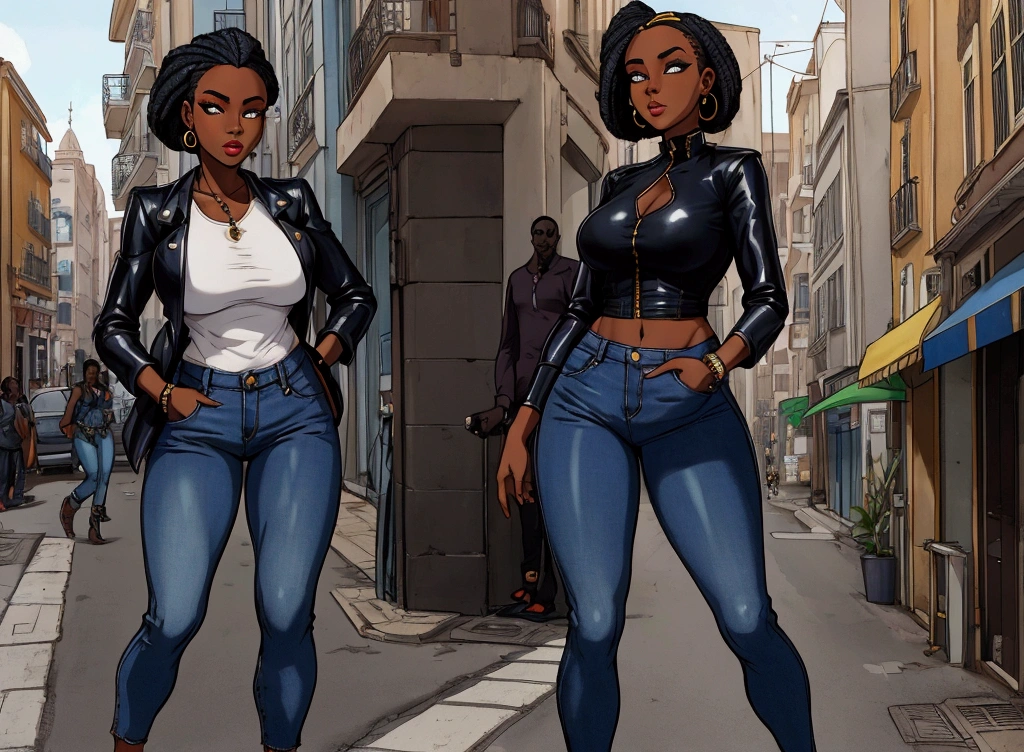 une femme noir africaine sexy, en pantalon bleu jeans, debout dans une rue, seule, arrière plan flou