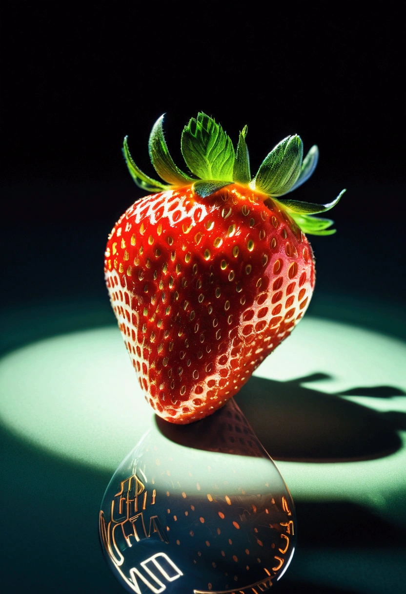 (A Strawberry), in the style of neon lights, lithograph, photo taken with provia, sharpen lens, sombre, captivating chiaroscuro, dynamic movement, full body, (special effects:0.1), award-winning, cinematic still, emotional, vignette, dynamic, vivid, (masterpiece, best quality, photorealistic, Professional, perfect composition, very aesthetic, absurdres, ultra-detailed, intricate details:1.3)
