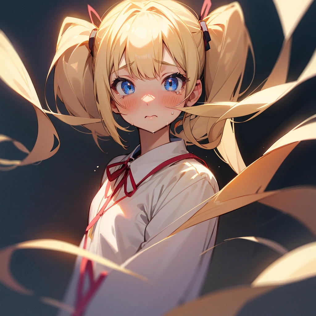 One girl, Blonde, ribbon, Twin tails,Gaze, Light blush, I want to cry, Anime Style, Food, Young Girl,Shy, cute,