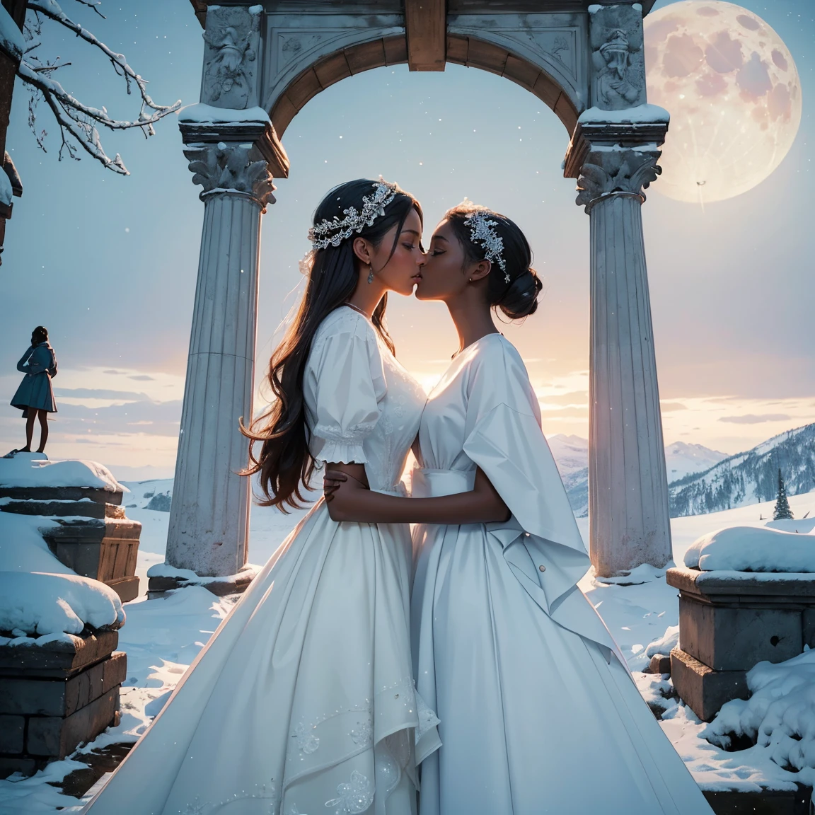 (masterpiece, highest quality, official art, beauty and aesthetic:1.5), (perfect anatomy), two gorgeous and stunning dark-skinned or pale-skinned young girls are deeply in love with each other, kiss, perfect make-up, romantic atmosphere, snow and moon, magnificent panorama view