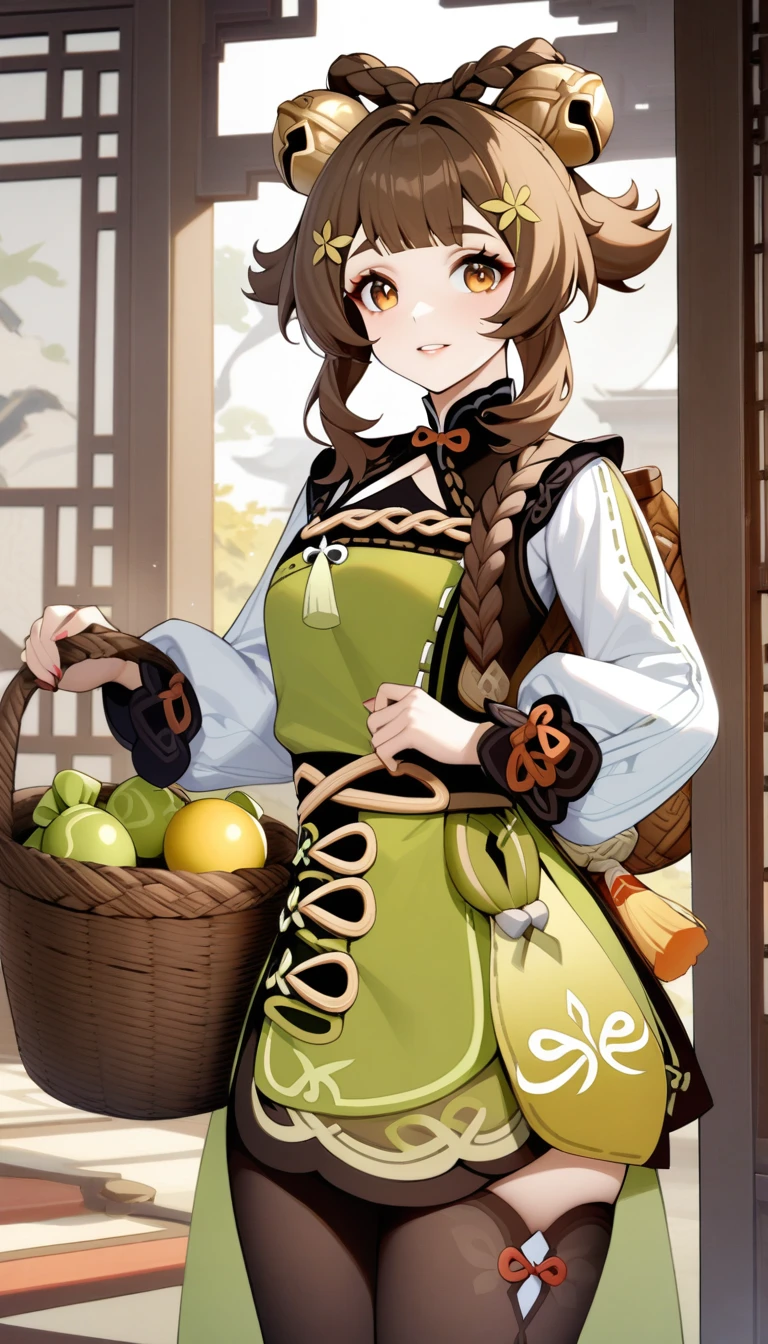 masterpiece, best quality, very aesthetic, absurdres, 1girl, _lady, ,1girl, yaoyao \(genshin impact\), genshin impact, brown hair, hair ornament, bell, hair bell, long sleeves, braid, basket, dress, long hair, backpack basket,in a traditional chinese room,floating_clothes,