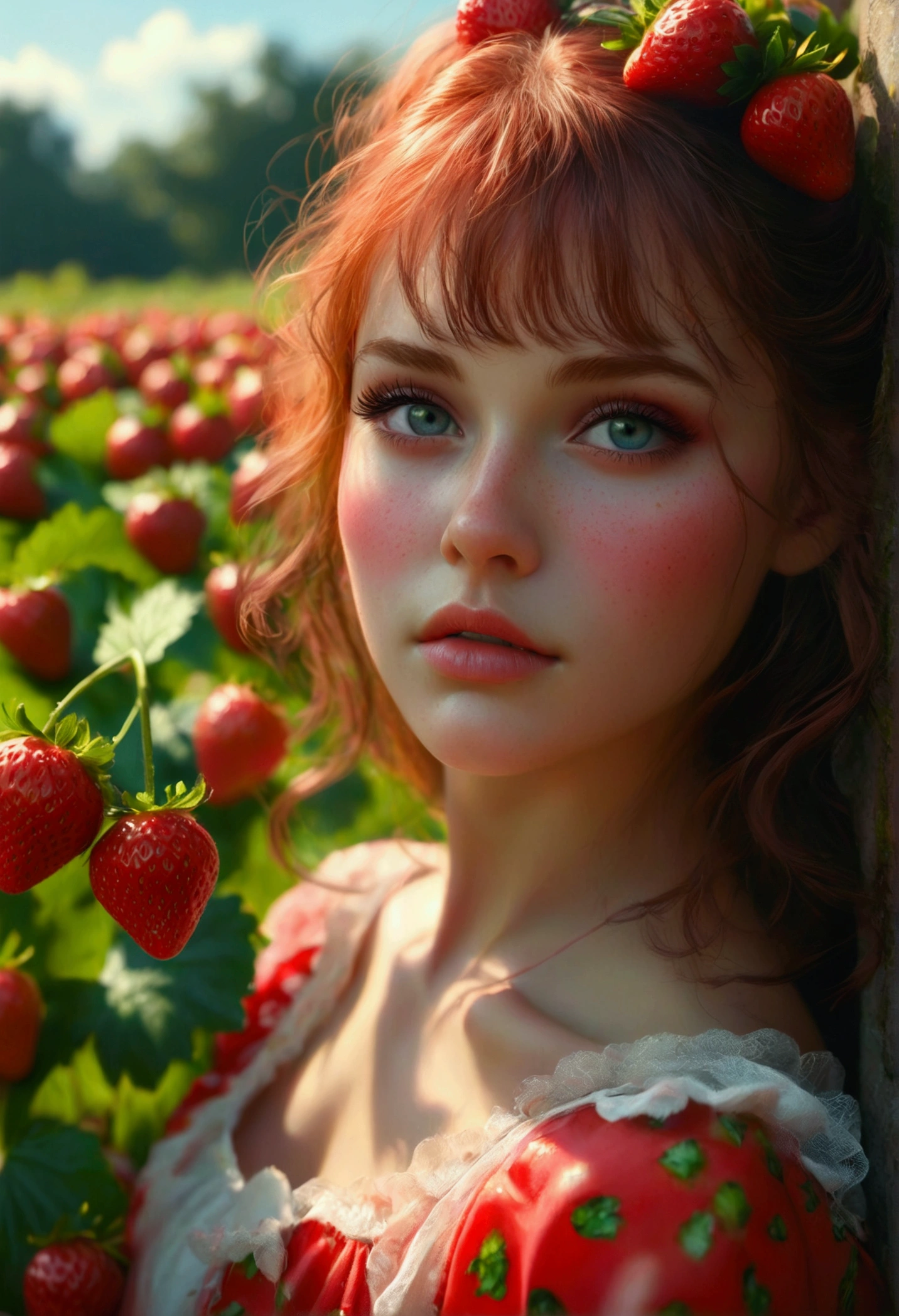 photorealistic high quality 3d render, 1girl, strawberry girl, beautiful detailed eyes, beautiful detailed lips, extremely detailed face and skin, long eyelashes, strawberry hair, strawberry skin, strawberry dress, sitting in a field of strawberries, realistic lighting, vibrant colors, cinematic composition, photographic depth of field