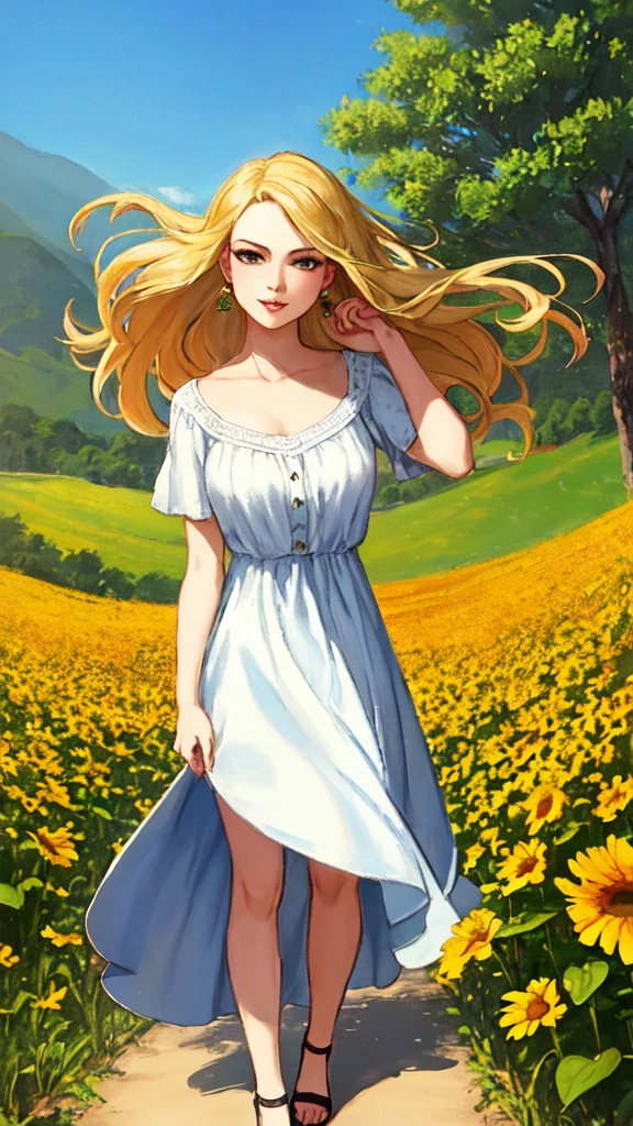 jhyd style masterpiece, full body, drawing of a young woman, beautiful face, snub nose, full lips, long blonde hair, summer dress, standing in a sun flower field, windy, high saturation