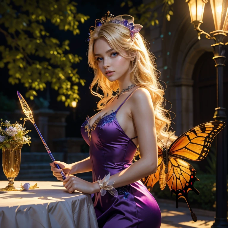 (​masterpiece, best quality:1.5), highest quality, High resolution, super detailed, Realists, Upper body photo of a blonde young magical girl, detailed and beautiful eyes, beautiful detailed lips, very detailed eyes and face, longeyelashes, shiny blue satin dress, Holding a magic wand in your hand, Cast a transformation spell, With her stick she turns spiders into butterflies, Glowing wands available,Beautiful and colorful makeup, elegant and noble々The jewelry bag, Gardens as background, soft daylight, bright colors, fine brushstrokes, Portrait style, Silk dress fabric, beautiful color palette, glowing skin, First-class rendering, that captures every detail, enchanting atmosphere, subtle shadows and lights, (perfect anatomy:1.2), (The stunning Magical Girl turns spiders into butterflies. on the table(a transformation with the magic wand:1.4), (magnificent panorama view:1.2)