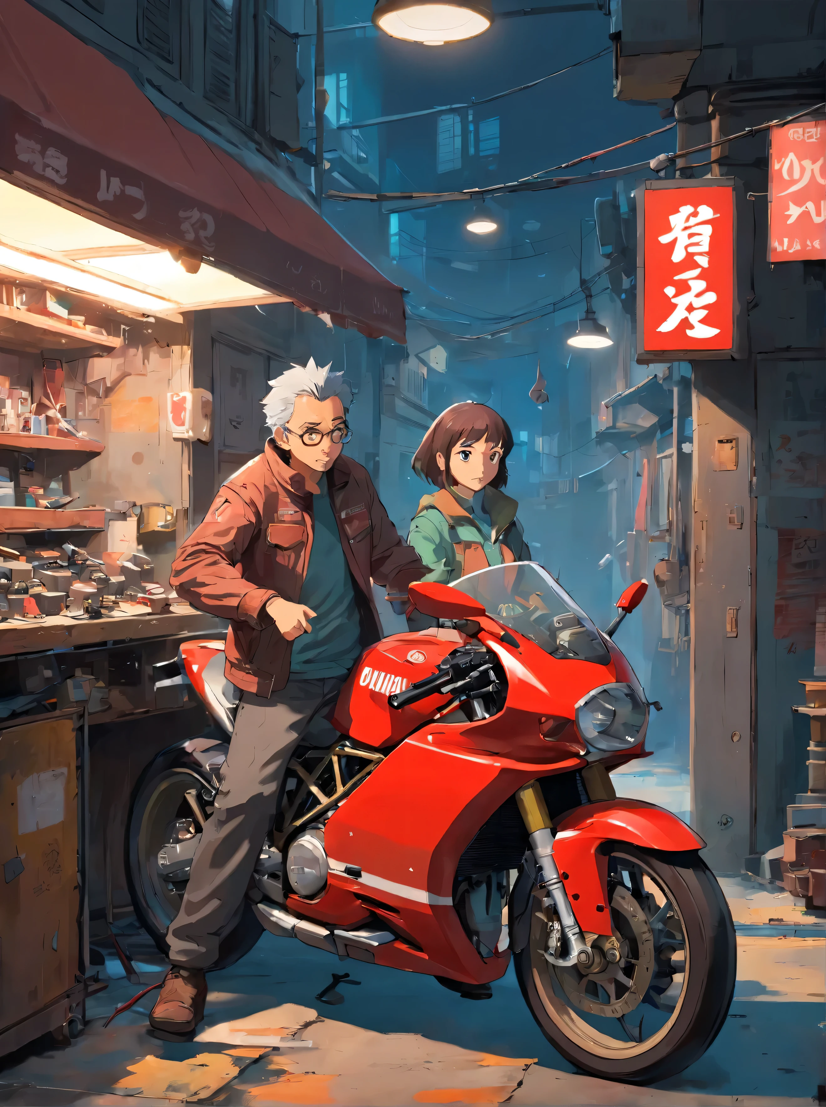 1 mechanic arguing, motobike ducati three quarter view not factory tuned classic out of a garage being repaired, Garage witch windows, symetric, crowded room, sketch, with some mud on the bodywork and the windshield, grey and light red and pastel red headlight on, paint style with large trendy, 4k, enlarged view, expressionist brush strokes paint on artstation, concept art, cyberpunk, --ar 2:3