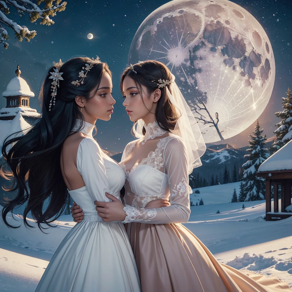 (masterpiece, highest quality, official art, beauty and aesthetic:1.5), (perfect ???????), two gorgeous and stunning dark-skinned or pale-skinned young girls are deeply in love with each other, kiss, perfect make-up, romantic atmosphere, snow and moon, magnificent panorama view