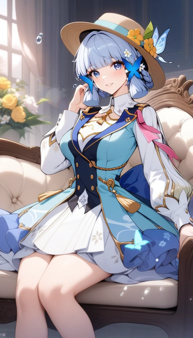 masterpiece, best quality, very aesthetic, absurdres, 1girl, mature_lady, ,1girl, kamisato ayaka \(springbloom missive\), genshin impact, hair ornament, official alternate costume, flower, long sleeves, dress, blue eyes, butterfly hair ornament, blue hair, hat, official alternate hairstyle,on sofa,,floating droplets of water,