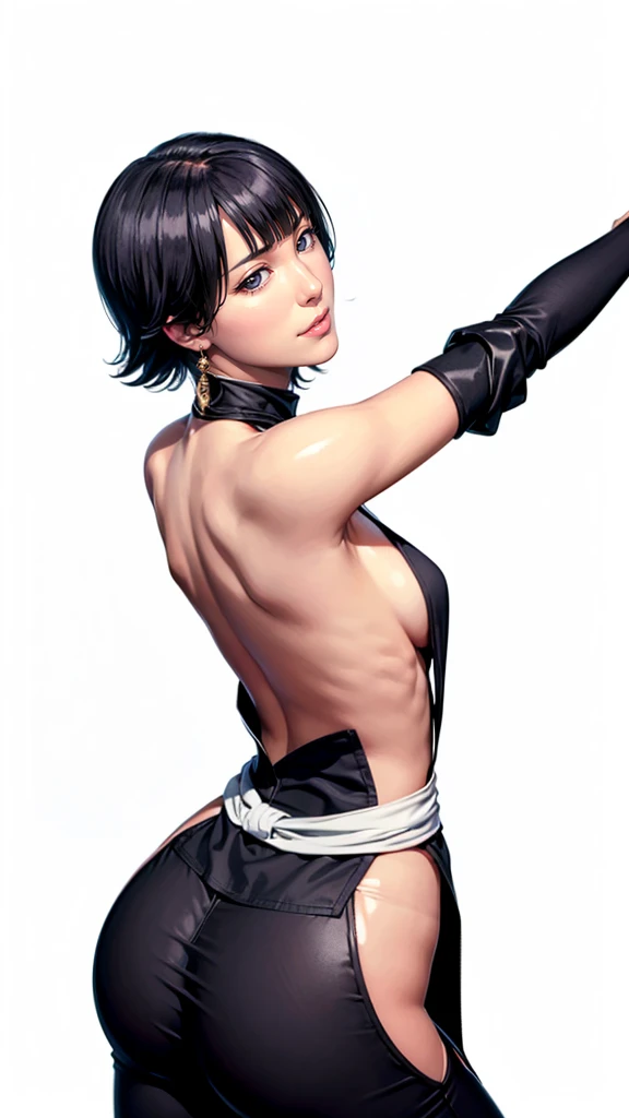 (（（Perfect body,White and tender skin,（（（japanese clothes, sideboob，Black top, Gold belt, black sleeves, black Japanese pants ）））,（（（sui-feng, short hair, short hair with long locks，Black hair））），((masterpiece)),high resolution, ((Best quality at best)),masterpiece,quality,Best quality,（（（ Exquisite facial features,Looking at the audience,There is light in the eyes,Smile））），From the back）））,（（（Light and shadow,Small chest，）））,（（（Looking at the camera,black background,)））),