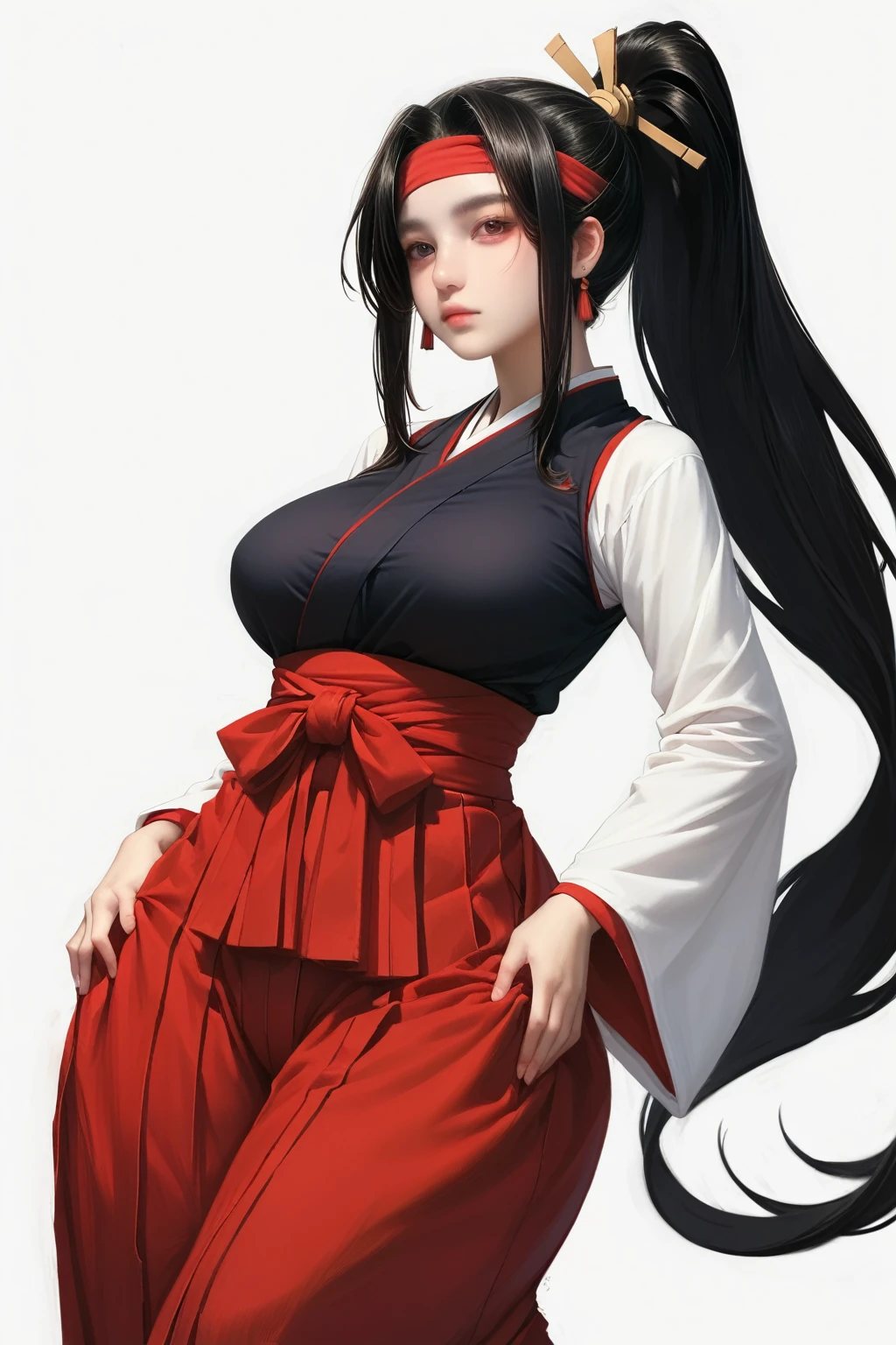 1girl, headband, solo, long_hair, black_hair, japanese_clothes, earrings, jewelry, breasts, ponytail, large_breasts, simple_background, looking_at_viewer, hakama, white_background, red_headband, wide_sleeves, miko, very_long_hair, red_hakama, long_sleeves, hands_on_hips, closed_mouth, hakama_skirt, skirt, red_eyes