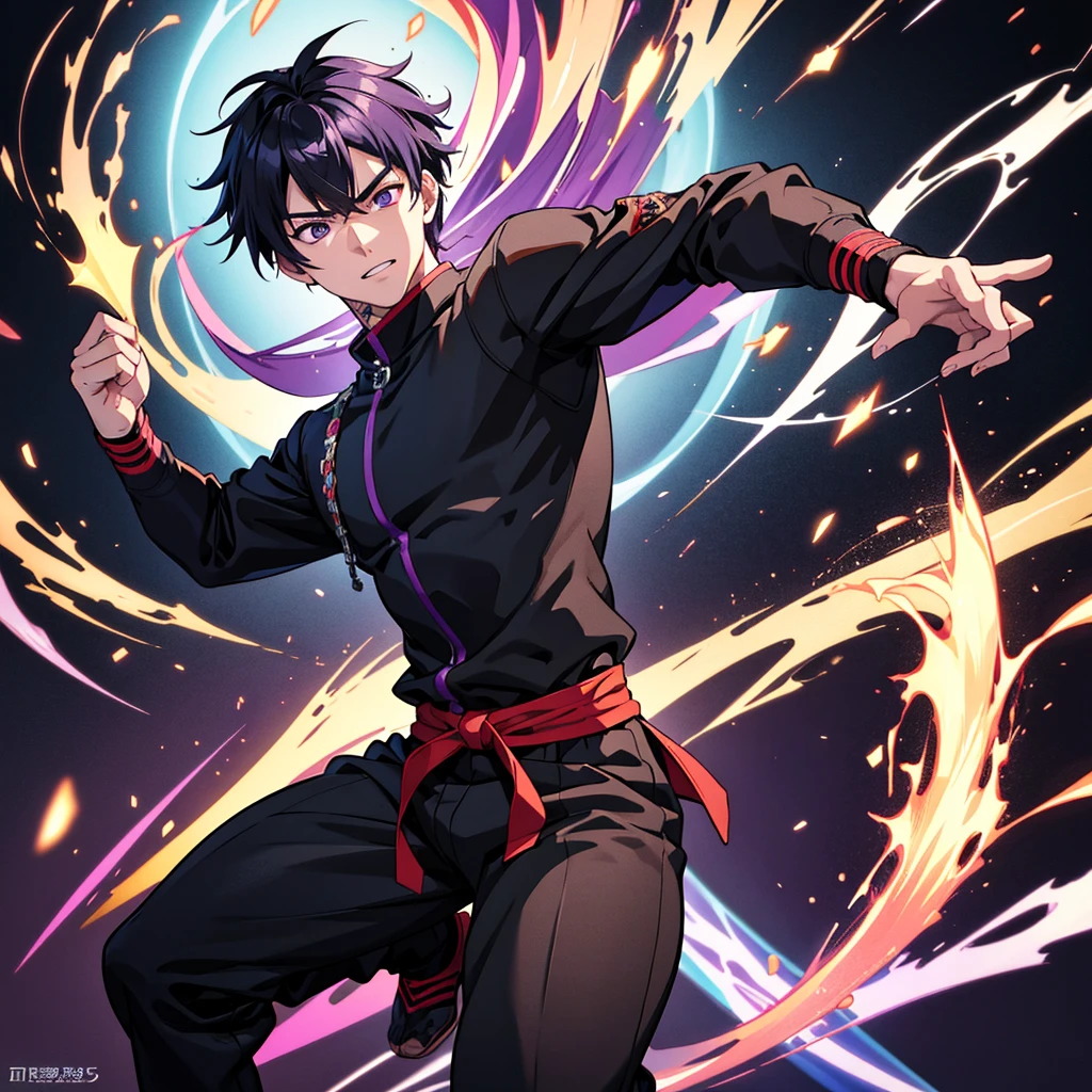 anime style,A martial artist, a twenty-year-old man with purple energy in his hand, looking directly at the camera, wearing black clothes, his body has tattoos all over his body, the place of competition.,

Perfect special effects with light Perfect picture quality HD blur engine,

8k