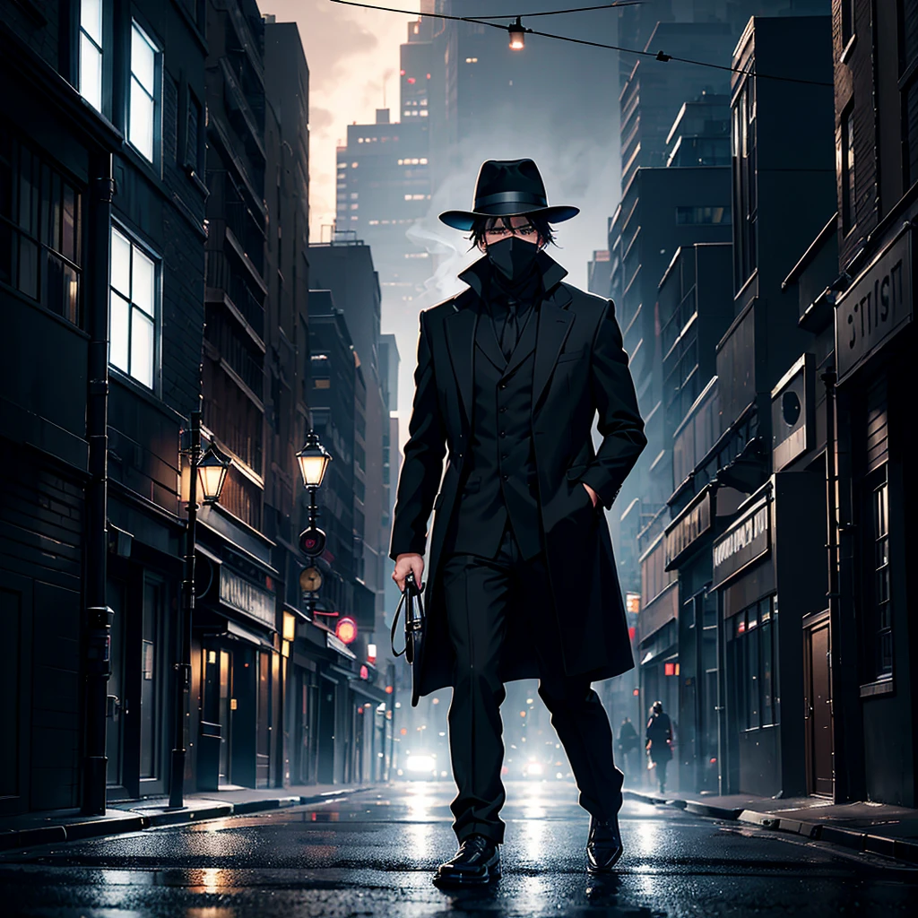 Mysterious man with black hat casts shadow over his face with a black long jacket with black briefcase walking towards a building. streets are filled with smoke it is night. erie light emanated out of building window. light is also lit under ome mysterious street light.