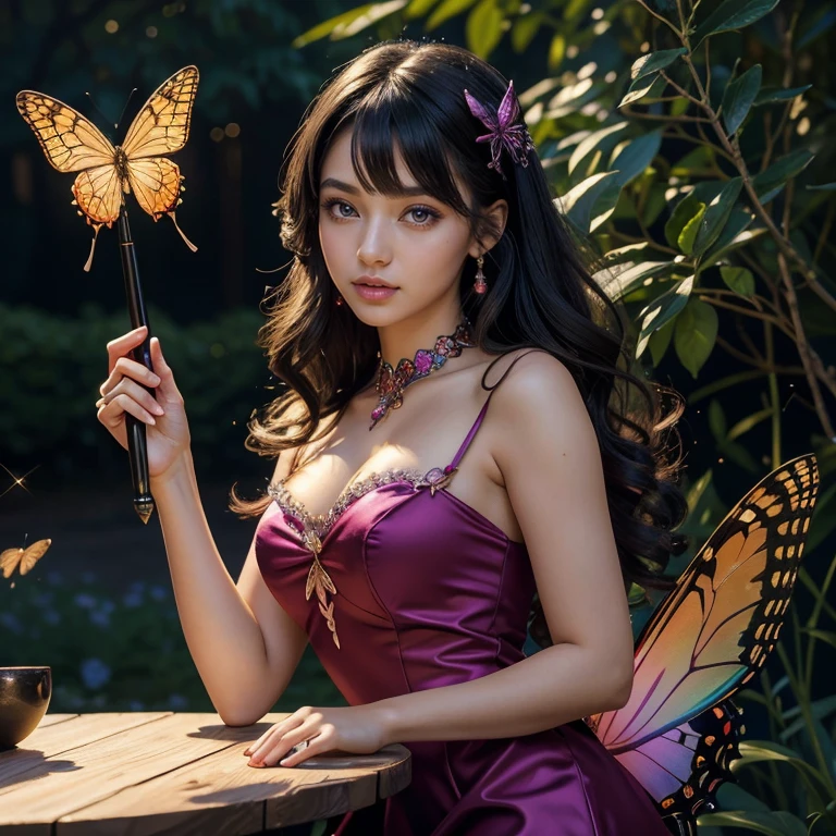 (masterpiece, best quality:1.5), highest quality, High resolution, super detailed, Realists, Upper body photo of a brunette magical girl, detailed and beautiful eyes, beautiful detailed lips, very detailed eyes and face, longeyelashes, shiny satin dress, Holding a magic wand in your hand, Cast a transformation spell, She transforms the wasps into butterflies with her stick, Glowing wands available,Beautiful and colorful makeup, elegant and noble々The jewelry bag, Gardens as background, soft daylight, bright colors, fine brushstrokes, Portrait style, Silk dress fabric, beautiful color palette, glowing skin, First-class rendering, that captures every detail, enchanting atmosphere, subtle shadows and lights, (perfect anatomy:1.2), (The two stunning 14 and 12 year old Magical Girls transform wasps into butterflies. (a transformation with the magic wand:1.4), (magnificent panorama view:1.2)