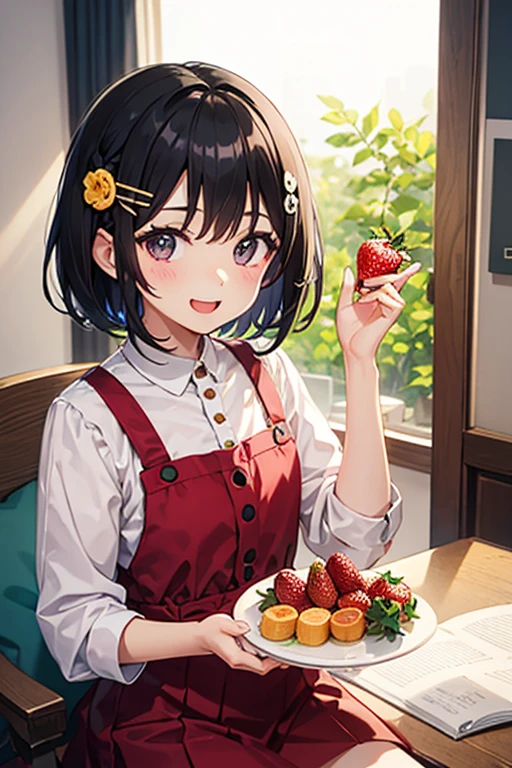 Highest quality、Black Hair、Iris、short hair、girl、cute、、、Small hair ornament、1 person、Holding a single strawberry、A happy look、