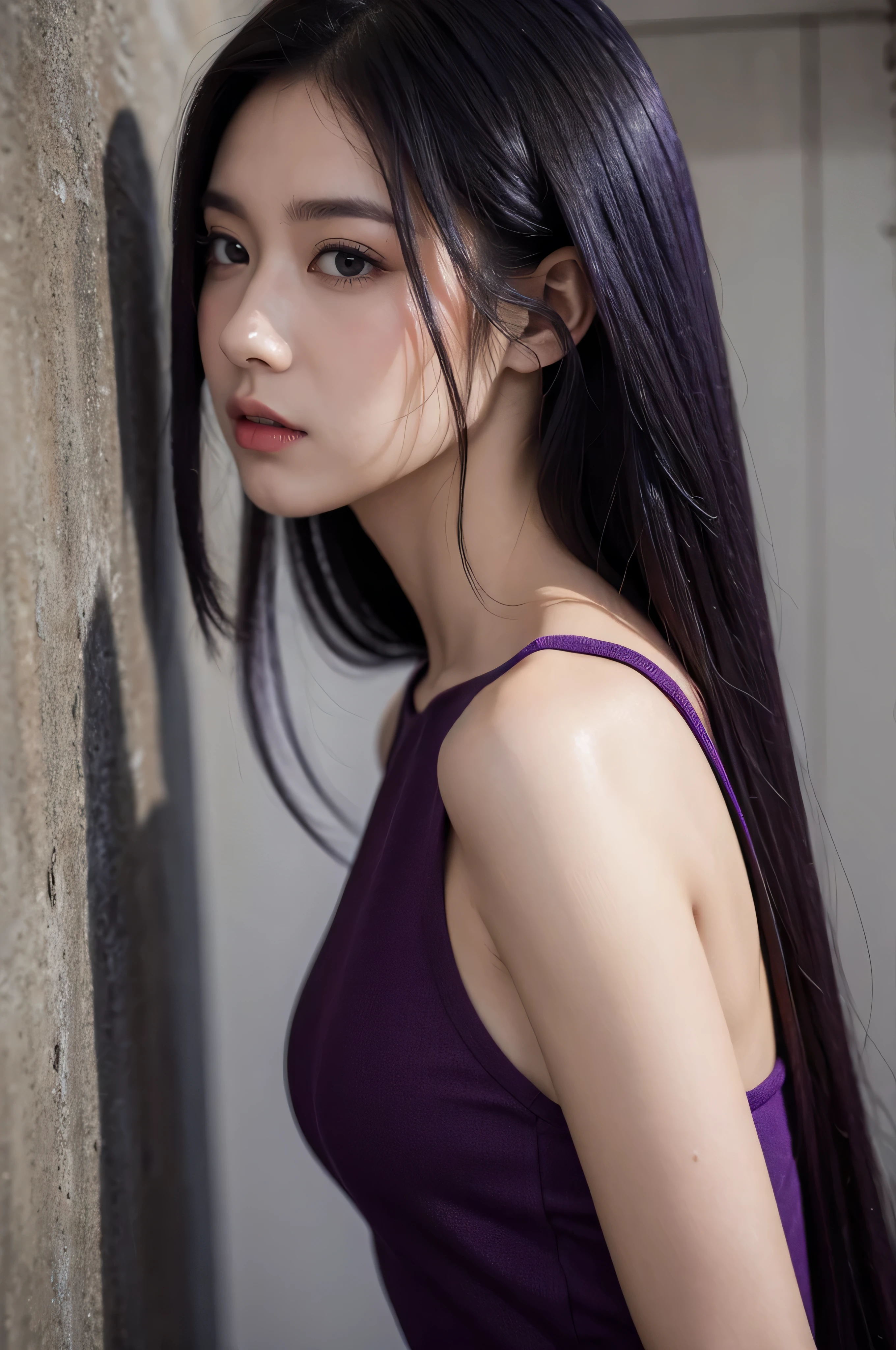a woman, extremely detailed face, beautiful eyes, detailed nose and lips, asian, black and purple hair, wearing a sexy outfit, standing against a wall, detailed background, best quality, 4k, high resolution, extremely detailed, photorealistic, studio lighting, vivid colors, cinematic lighting