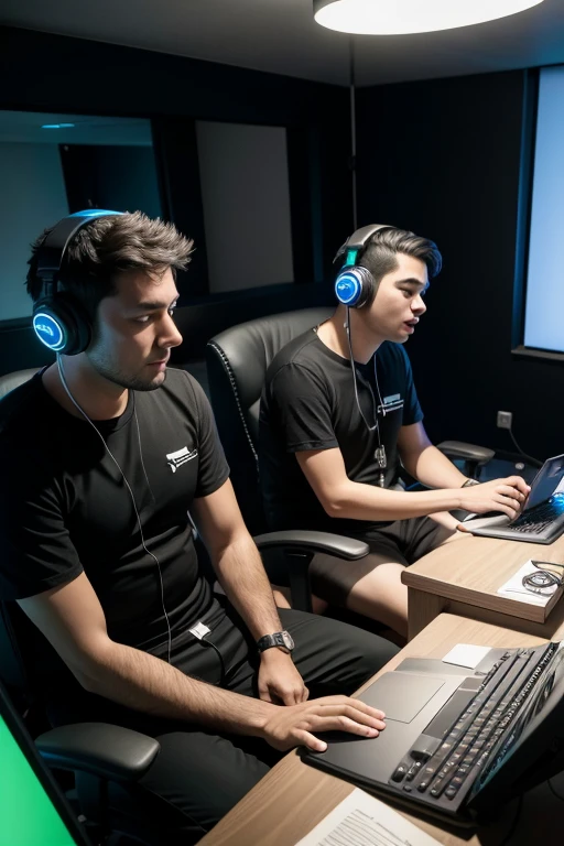 Father and teenage son playing on PC gamer in the room with LED and using headphones