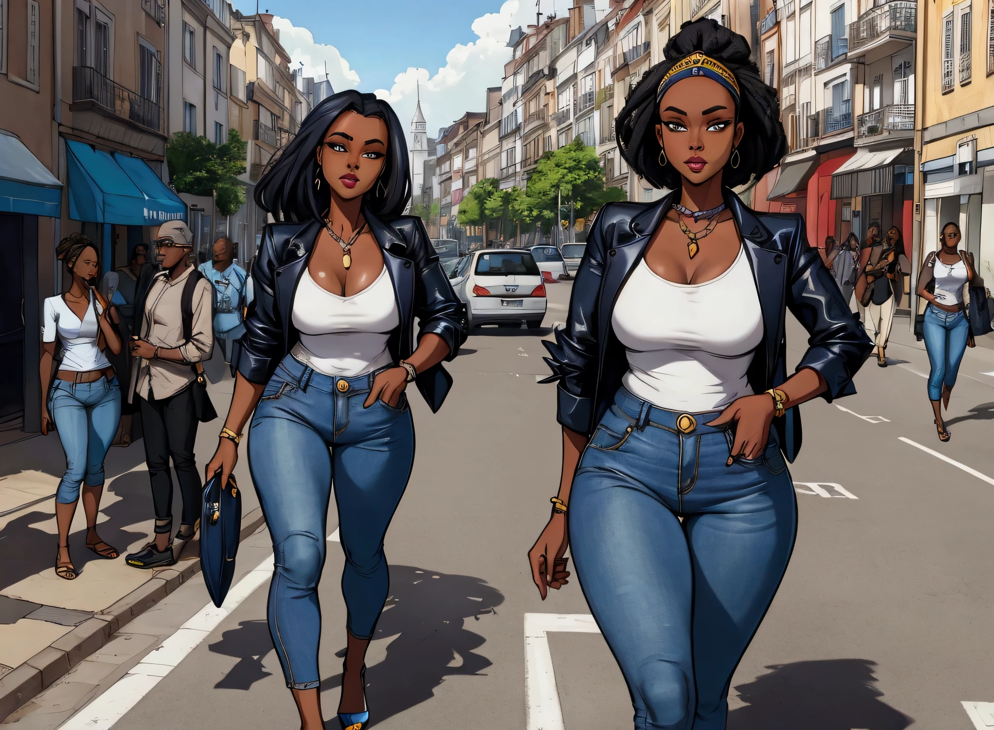 une seule femme noir africaine sexy, en pantalon bleu jeans, debout dans une rue, seule, arrière plan flou, une seul femme sur l image