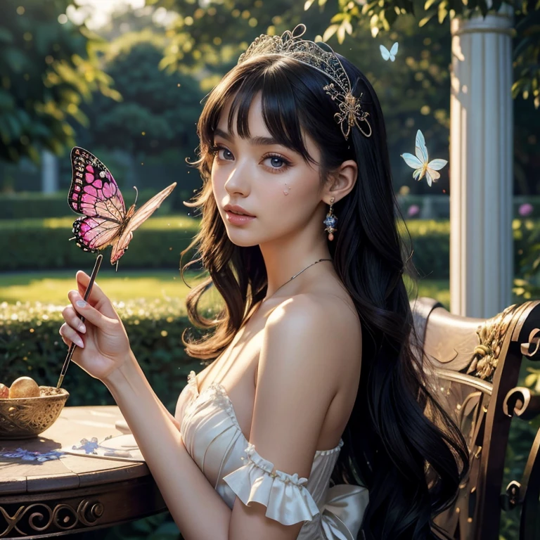 (masterpiece, best quality:1.5), highest quality, High resolution, super detailed, Realists, Upper body photo of a brunette young magical girl, detailed and beautiful eyes, beautiful detailed lips, very detailed eyes and face, longeyelashes, shiny white satin dress, Holding a magic wand in your hand, Cast a transformation spell, With her stick she turns spiders into butterflies, Glowing wands available,Beautiful and colorful makeup, elegant and noble々The jewelry bag, Gardens as background, soft daylight, bright colors, fine brushstrokes, Portrait style, Silk dress fabric, beautiful color palette, glowing skin, First-class rendering, that captures every detail, enchanting atmosphere, subtle shadows and lights, (perfect anatomy:1.2), (The stunning Magical Girl turns spiders into butterflies. on the table(a transformation with the magic wand:1.4), (magnificent panorama view:1.2)