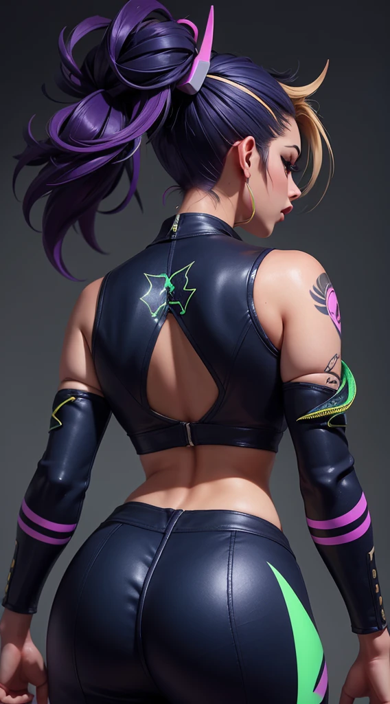 Kda akali, Back view, big ass, perfect breast, beautiful, sexy, slim, cute, highly detailed, deep focused image, realistic full-lenght photo, sexy jumpsuit