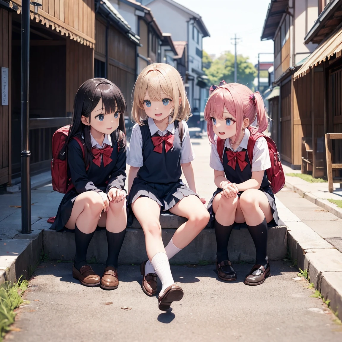 Three very young girls, eight-year-old children, in a street in Japan, one of the old streets, behind them is a school. They are wearing Japanese school uniforms, their thighs are all visible, and their socks reach below the knee. Their uniforms are wearing backpacks.. The first girl is excited. Her hair is black, fluffy, reaching below the neck. She is excited and cheerful as she stands and raises her hands excitedly, meaning she is black.. The second girl has blond hair that reaches below the neck and blue eyes. She is a little younger than them in age. She is very beautiful and very, very innocent and a little afraid. She looks anxious and pretends to be a normal person. She is shy and looks shy while she is sitting on her knees, placing her hands on her thigh, and she is shy and half-assed.. The third girl, her hair white, reaches below her neck, she wears red jewelry on it, her eyes are blue, she stands next to them, looking with a mixture of shyness and courage, she is half shy and half happy, she stands looking with amazement, shyness and courage. They all look in amazement. The three girls. Side view. One of them seems to be stumbling. They are three young girls, all the same height. They are looking at something far away. 