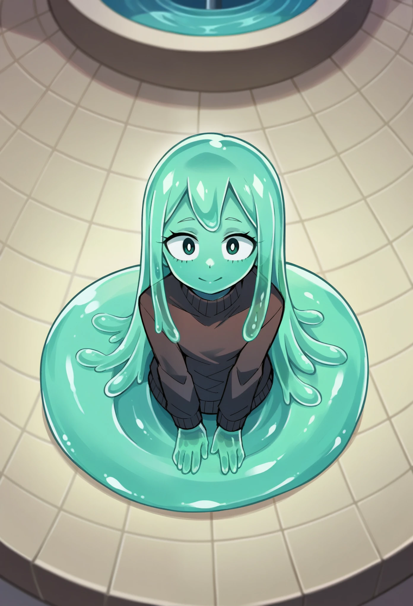 score_9, score_8_above, score_7_above, score_6_above, score_5_above, score_4_above, fountain_cheered up, 1 slime girl, blue skin, soft fashion, Long hair with green tips., tentacles, slime tentacles, slime boy, Alone, slimegirlnsfw, sweater, My Hero Academia, tentacles,  depth of field, Access, detailed, elegant, cute slime girl. My hero academia School, tentacle glue, full body shot. 