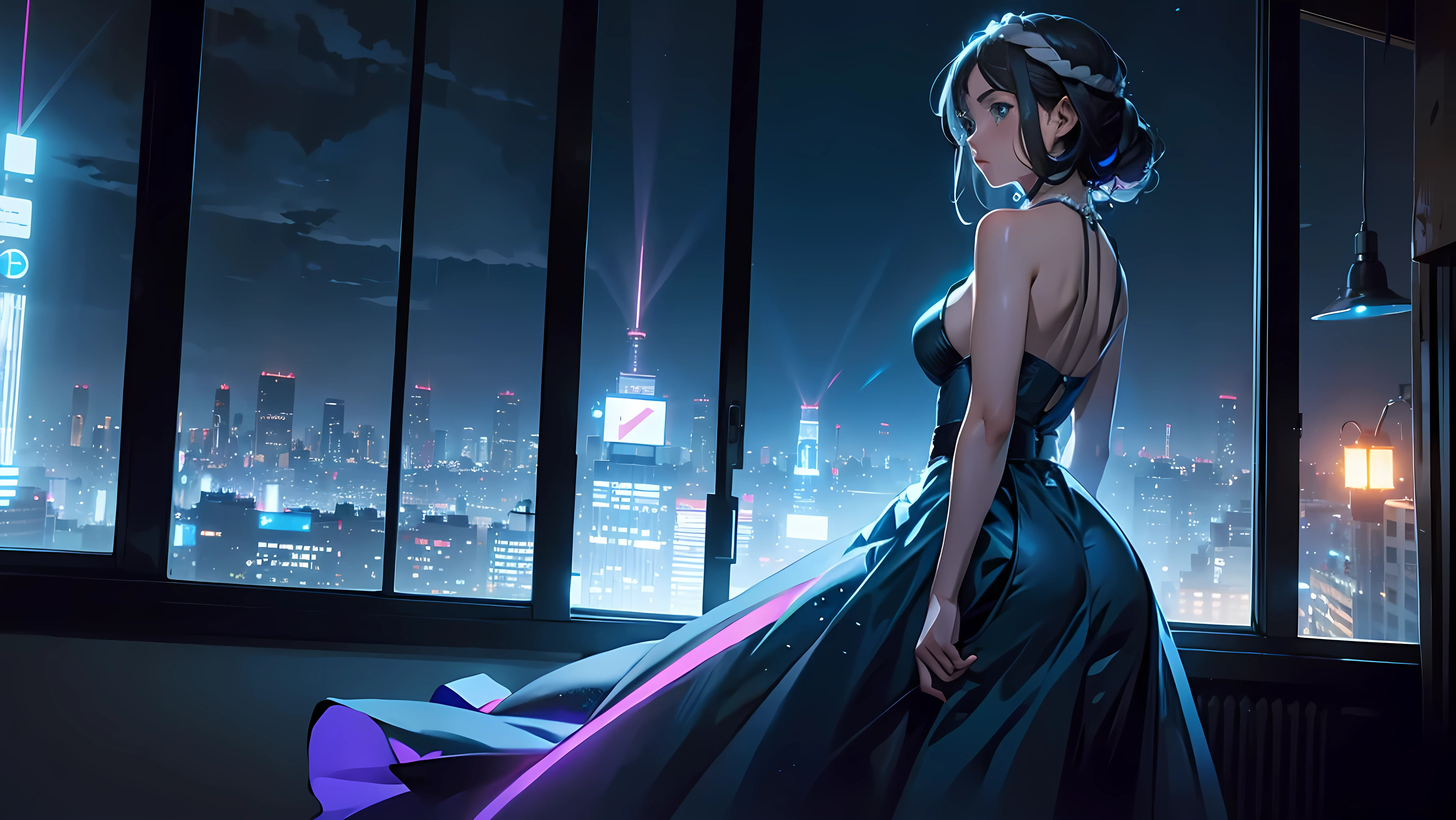 A beautiful girl seeing thought the window, back side, wearing blue dress, light leaks, neon outli e,preview volumetric night, Ultra Detailed, unity 8k wallpaper, ultra detailed, aesthetic, masterpiece, best quality, photorealistic