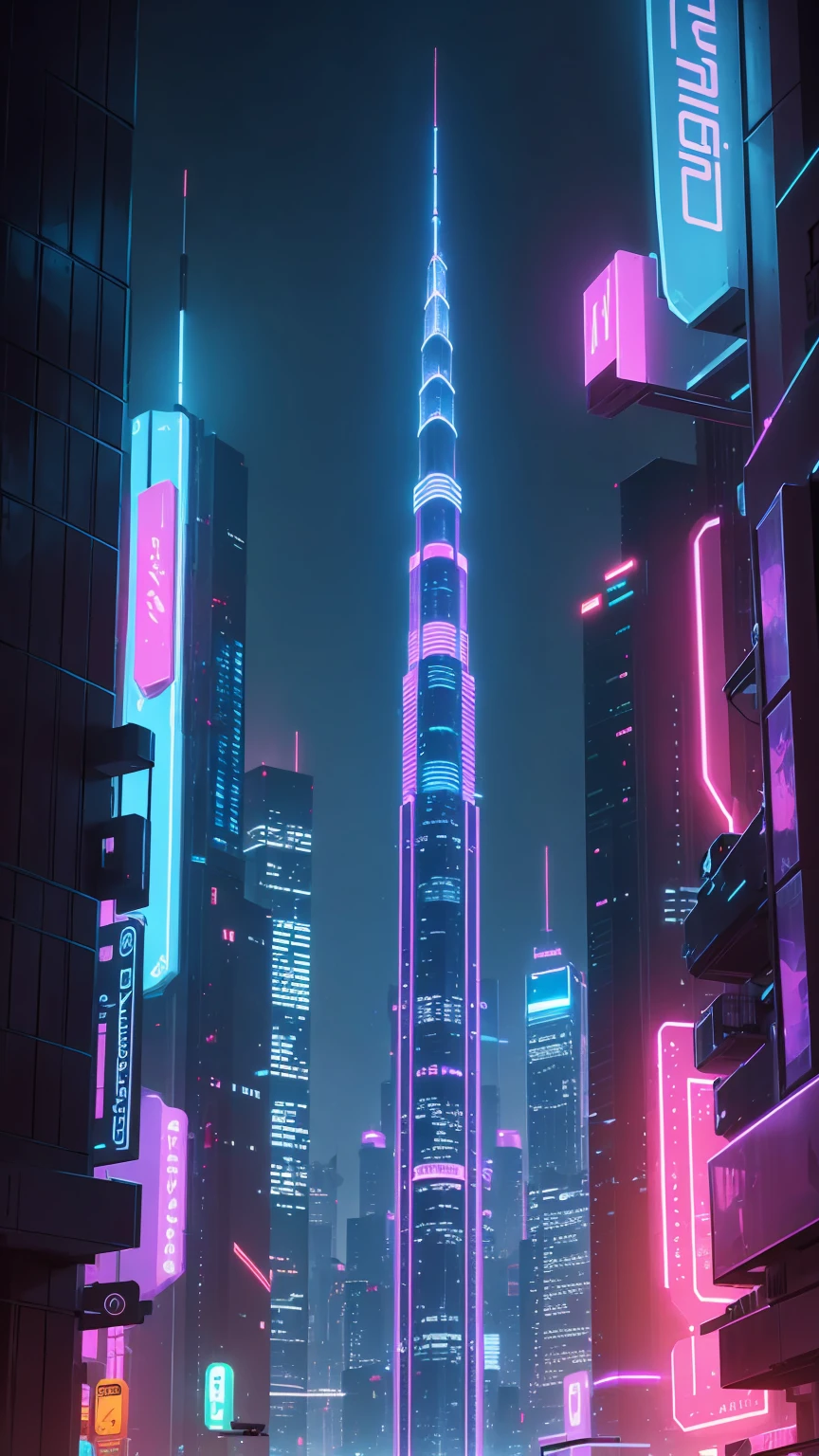 A futuristic city  at night with neon lights , towering skyscrapers 