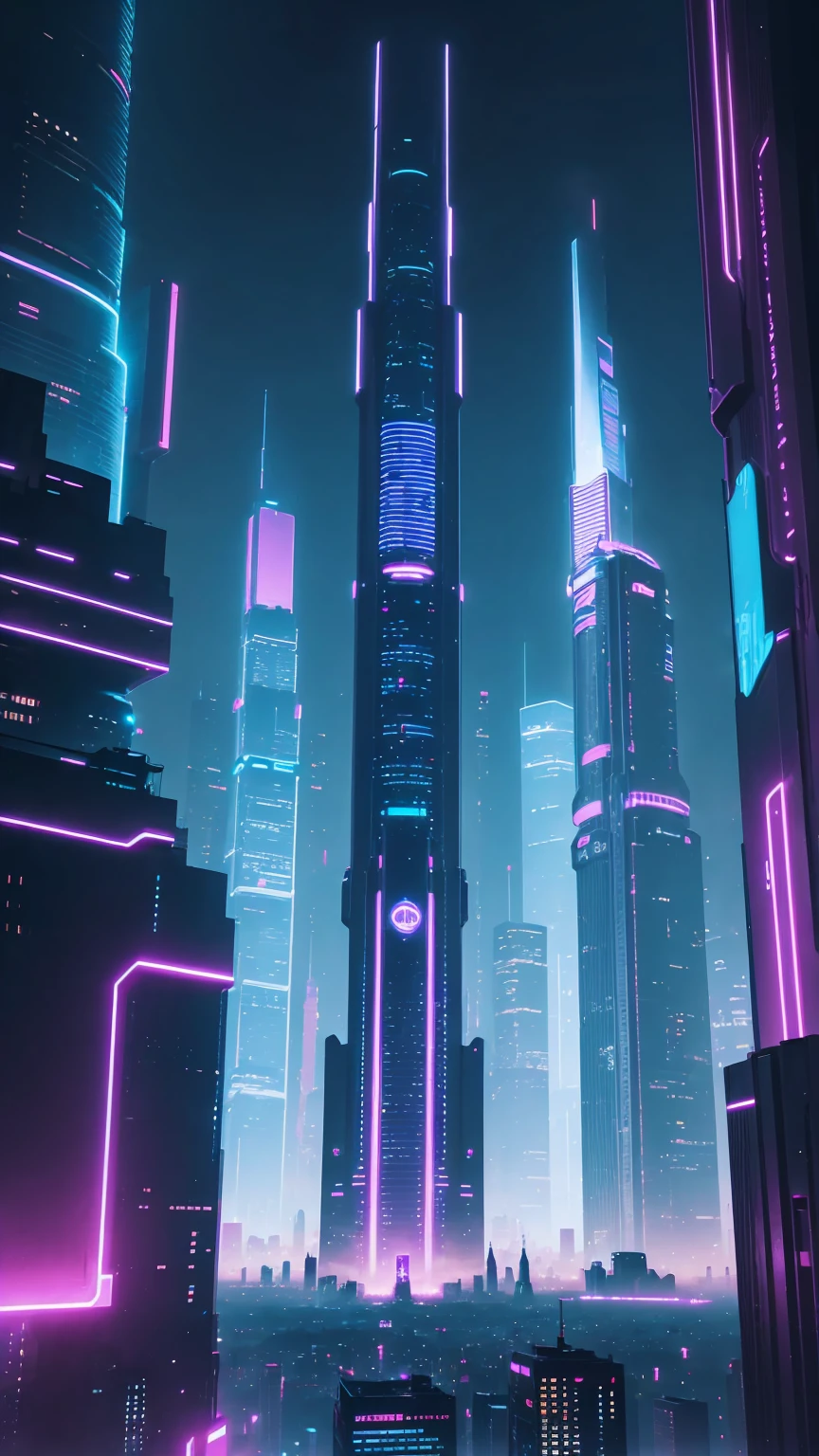 A futuristic city at night with neon lights , towering skyscrapers