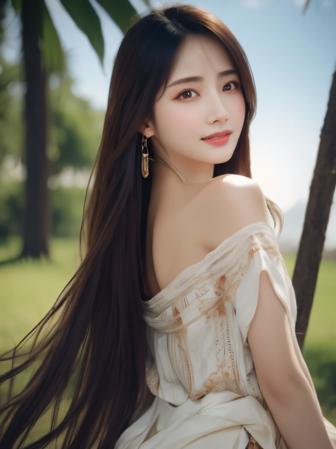 ((photorealistic:1.3)),((ultra detailed)),((sharp:1.5)),
1girl, solo, long hair, looking at viewer, skirt, brown hair, shirt, bare shoulders, brown eyes, sitting, white shirt, short sleeves, outdoors, sky, day, looking back, off shoulder, blurry, lips, blurry background, realistic, shirt tucked in
