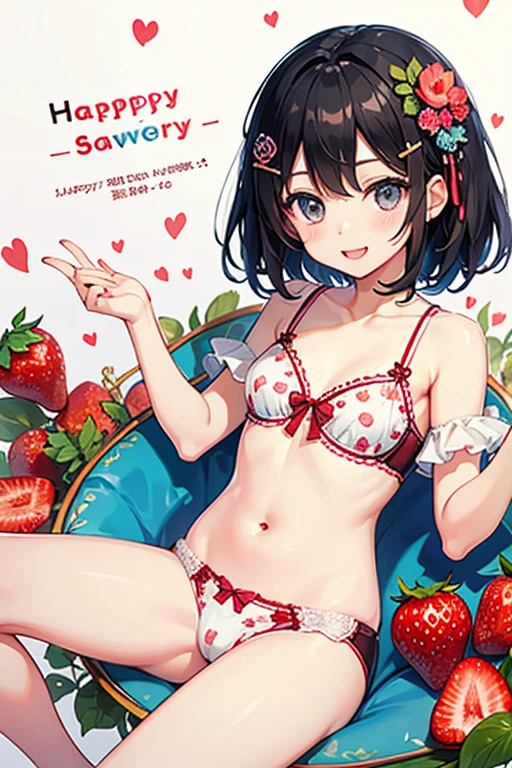 Highest quality、Black Hair、Iris、short hair、girl、cute、、、Small hair ornament、1 person、Strawberry print underwear、A happy look、
