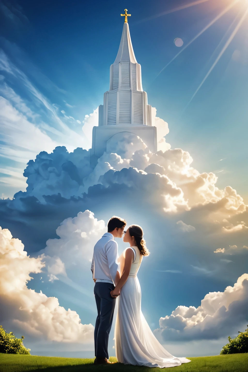 Create a picture of a back view where a guy and a girl in long white clothes are in the clouds, holding hands, looking into the distance at the white Christian temple through the white clouds, the temple is visible through the white clouds, the rays of the sun penetrate through the clouds onto the temple, white clouds surround them