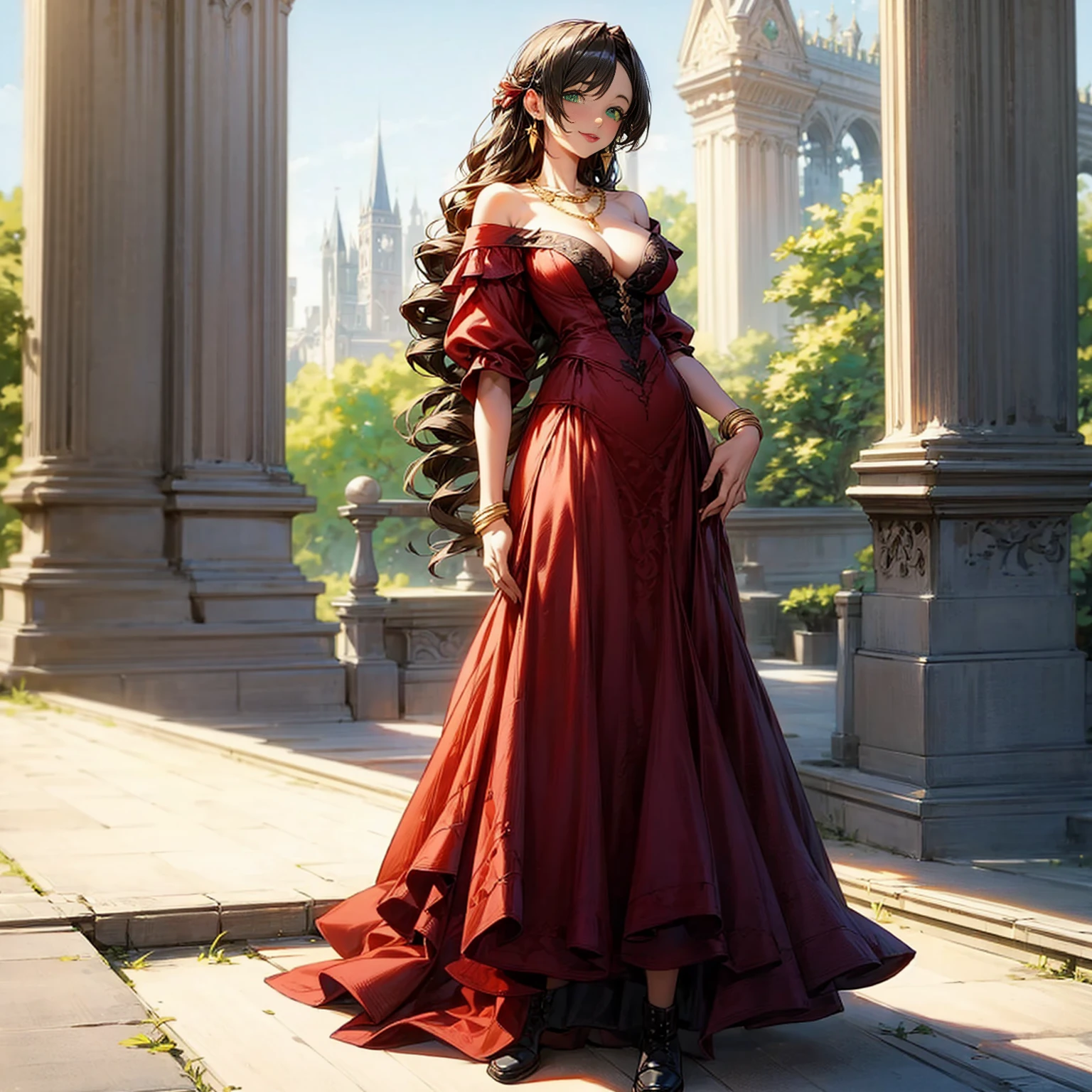 solo, women, green eyes, long hair, black color hair, bare shoulder clothing, formal outfit, long skirt, boots, diamond earrings, Gold necklace, red lipstick, gold bracelet, outdoor, medieval, park Castle, morning day, full body version, full shot camera, (detailed background, detailed hair, detailed clothing), (Bleach style art), big breasts, sad eyes, smile mouth, standing gesture