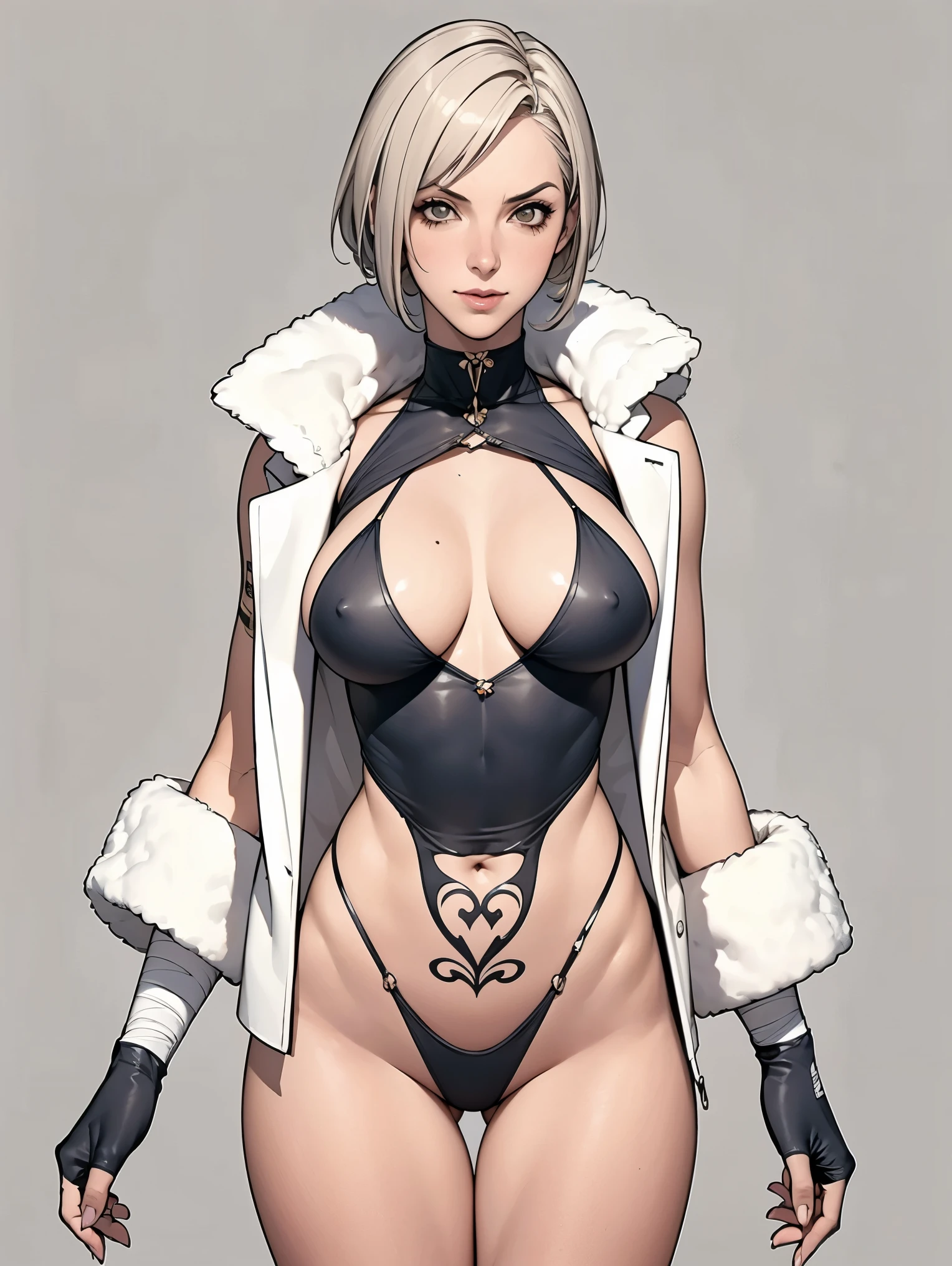 (((Annie Lennox))), (((colorful suit))), (scars), (((bandaged arms))), (((colorful clothes))) (( hood)), (((best quality: 1.4))), (Unbeatable masterpiece), (hyper HD),(CG 8k hyper-realistic), beautiful face, (((breasts big))), (((hyper feminine))), sexly girl, black tattoo,(ultra short red hair with white highlights)), ((( sculptural body ))), (((1 Kizi))), Kizi tatuada de 25 anos com perfect body,,Beautiful and well-groomed face,muscular body:1.2,solid color detailed jacket, (Head to thigh photos), Complex equipment, ,Tight clothes,With white stars and off-white stripes,,,,,Armor Metal Electronic Parts, Poison tattoos ) INFO, Kizi, (((standing alone))), , 24歳, sexy, pose de attitude, work of art, dancing, ((slight smile)), post-apocalypse, (((manga style))), bounty hunter, the way you want, perfect body, roupa moderna, advanced technology, white, yellow accent, black, red accent, fur collar jacket, sleeves with vertical striped pattern, background city, (( cowboy shot )). intricate visual, narrow waist, (((wide hips))), wide hips, fit thighs, (((thigh gap))), Thigh gap, background shows a futuristic airplane, open expression, expression happy
