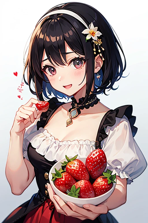 Highest quality、Black Hair、Iris、short hair、girl、cute、16 years old、、Strawberry hair accessory、1 person、Holding a large strawberry、A happy look、