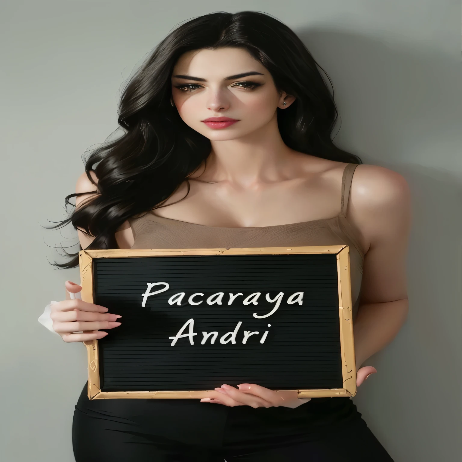 Anne Hathaway holding a sign that says pacarnya giok, androgyn beauty, androgyny, androgynous person, androgynous, inspired by irakli nadar, angela sarafyan, Cindy Avelino, portrait of modern Darna, Anne of arms, inspired by Andrea Orcagna, Text and a pale young woman