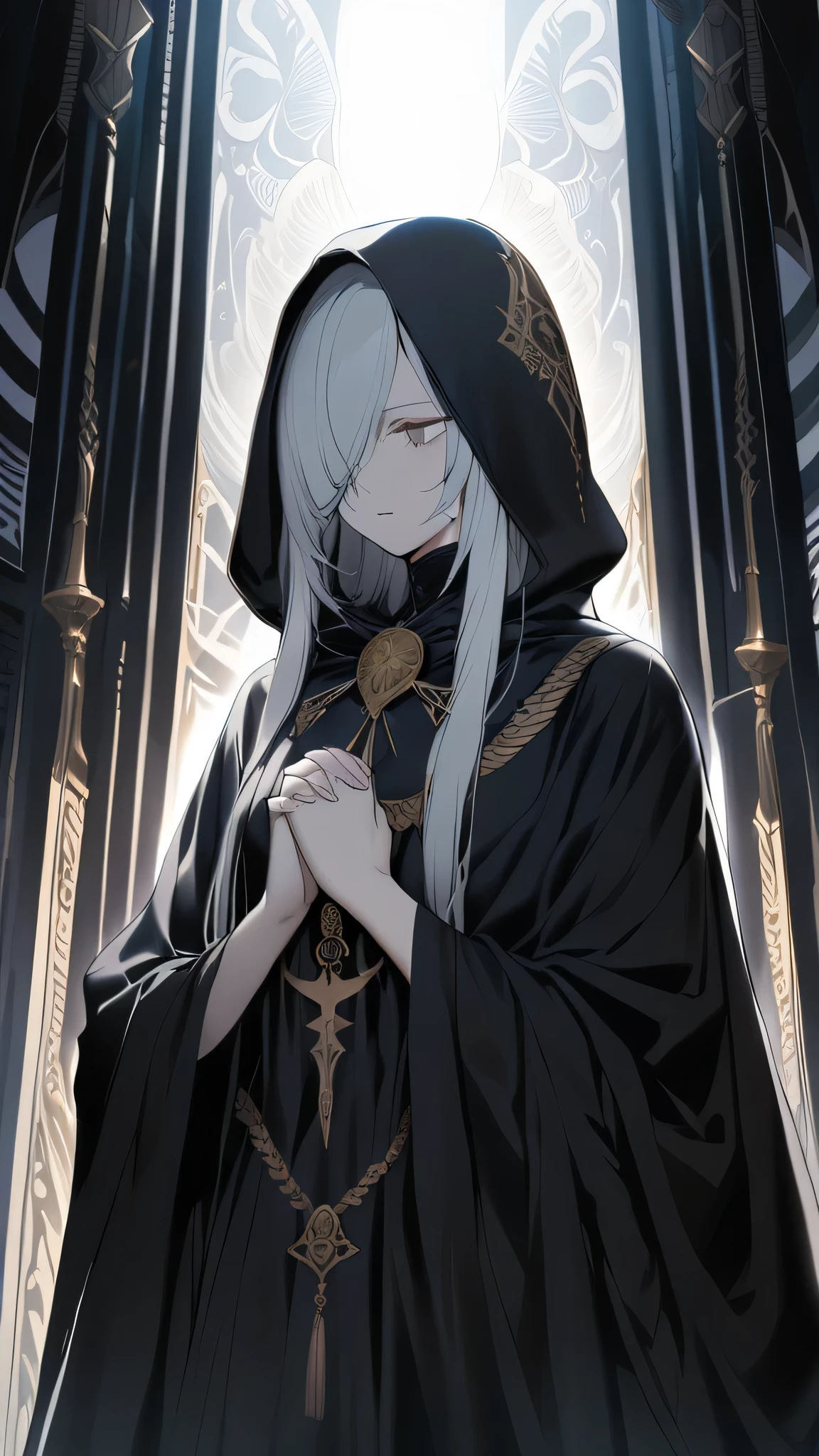 1girl, solo, goddess, reaper, death, black cloak, hood, long hair, praying, expressionless, grey hair, (global illumination), background lighting, upper body, hair over one eye, masterpiece, best quality, 