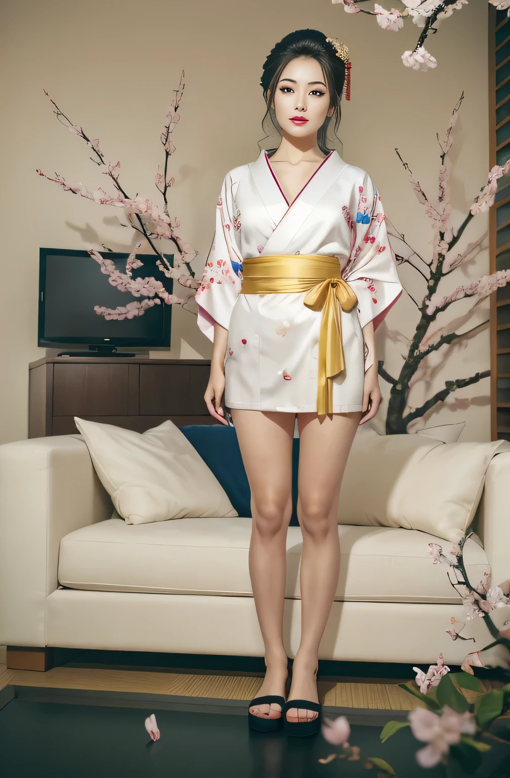 A geisha stands gracefully under the cherry blossoms, There are a lot more, Many red cherry blossom petals fall one after another,
White base makeup on girl&#39;s face without any highlight or shadow decoration. All-white makeup covering face and neck. Red lip makeup is a small mouth that is smaller than the normal lip area. Thick eyeliner can emphasize the eye contour, Strengthen eyes, Pupils appear dark and deep. One-line eyebrows are eye-catching without being harsh, And the whole face is clean. Typical Japanese Geisha makeup,
Wearing a gorgeous kimono embroidered with black and gold cherry blossoms, This is a long-sleeved kimono, Wearing Japanese clogs,
background: under the sunset, Many red cherry blossom petals fall one after another, deep pink and blue, Surrealism, Realistic depiction of light and shadow, Real and exaggerated photos, super high quality, Super detailed details, movie shot, shallow view deep, A geisha stands gracefully under the cherry blossoms, There are a lot more, Many red cherry blossom petals fall one after another, White base makeup on girl&#39;s face without any highlight or shadow decoration. All-white makeup covering face and neck. Red lip makeup is a small mouth that is smaller than the normal lip area. Thick eyeliner can emphasize the eye contour, Strengthen eyes, Pupils appear dark and deep. One-line eyebrows are eye-catching without being harsh, And the whole face is clean. Typical Japanese Geisha makeup, Wearing a gorgeous kimono embroidered with black and gold cherry blossoms, This is a long-sleeved kimono, Wearing Japanese clogs, background: under the sunset, Many red cherry blossom petals fall one after another, deep pink and blue, Realistic depiction of light and shadow, Real and exaggerated photos, super high quality, Super detailed details, movie shot, shallow view deep, Surrealism, UHD, retina, masterpiece, accurate, anatomically correct, textured skin, super detail, high details, high quality, award winning, best quality, 