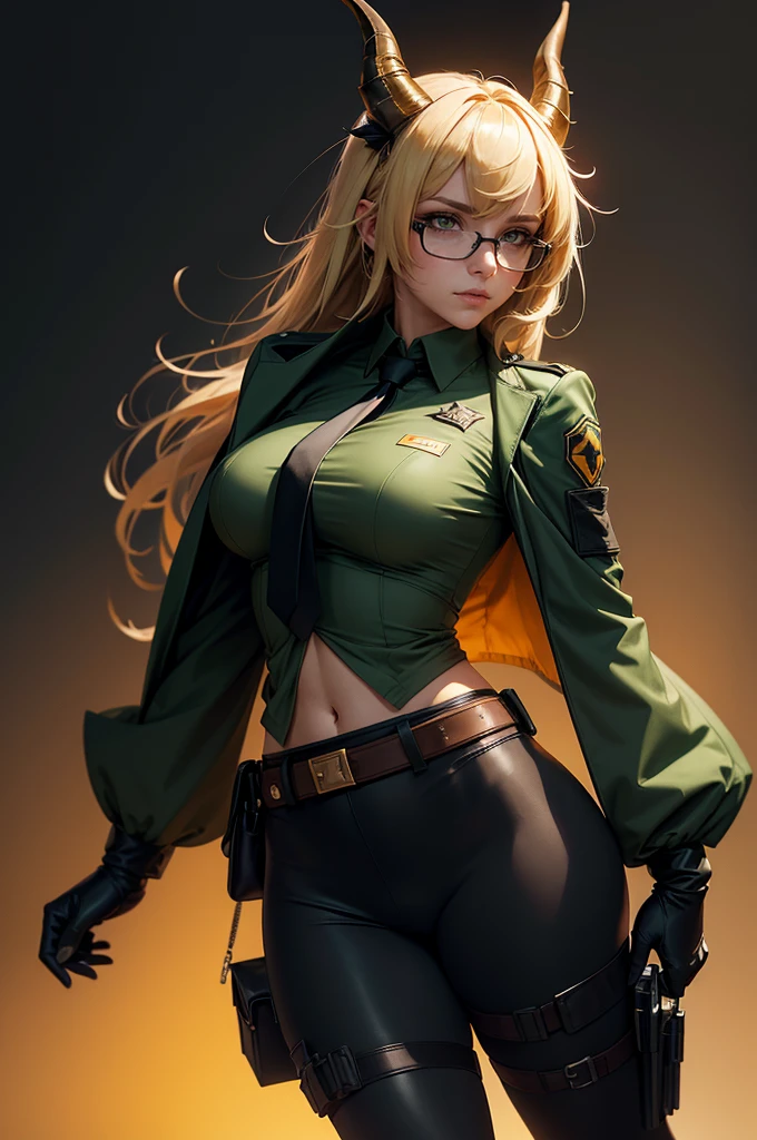 degenbrecher(arknights), necktie, groin, green jacket, military uniform, goat girl, black necktie, looking at viewer, clothes lift, large breasts, horns, stomach, lifted by self, uniform, hair between eyes, goat horns, animal ears, abs, solo, 1girl, long sleeves, ahoge, long hair, jacket, closed mouth, military, blonde hair, navel, open clothes, gloves, belt, shirt lift, black gloves, yellow eyes, collared shirt, orange shirt, goat ears, simple background, green background, shirt,Concept art of anime character, young woman, 21 years old, white short hair, glasses, huge breasts, white fashion shirt, brown open sweater, leggings, full body, two poses,best quality, masterpiece, highres, solo, {degenbrecher_arknights:0.90}, 1girl, looking_at_viewer, military_uniform, long_sleeves, black_necktie, upper_body, armband, collared_shirt, black_gloves, simple_background, closed_mouth, green_jacket, orange_shirt, white_background, adjusting_clothes

