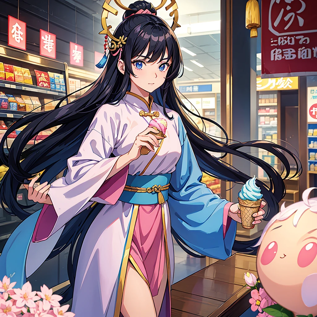man,Anime style front view A young ancient Chinese general holds a pink ice cream in his hand. He was wearing a beautiful blue and white robe. perfect face Long black hair in the supermarket Insanely detailed, high quality, 32k, ultra high resolution.