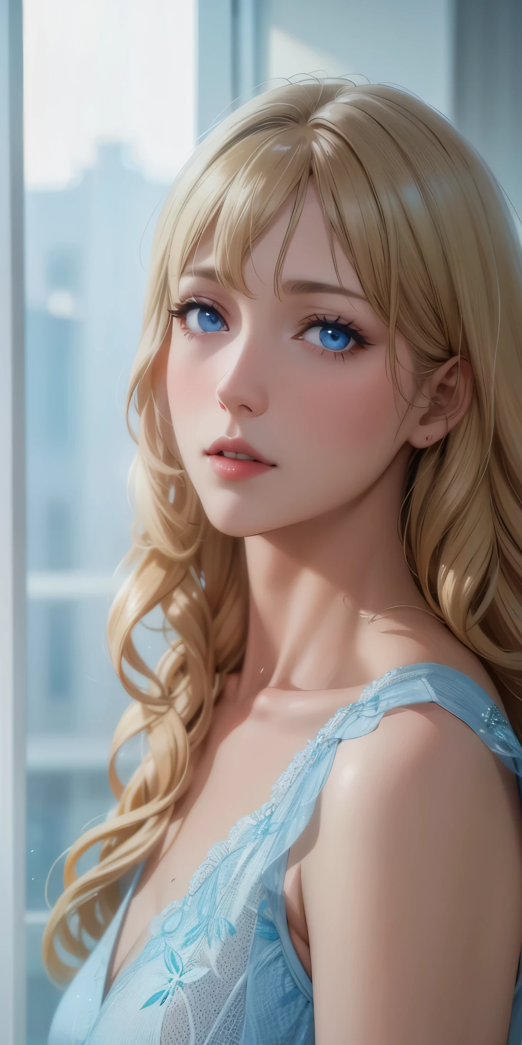 Elegant mature woman, milf, blue eyes, blonde hair, bangs, soft light, 4k resolution, high quality, beautiful cg