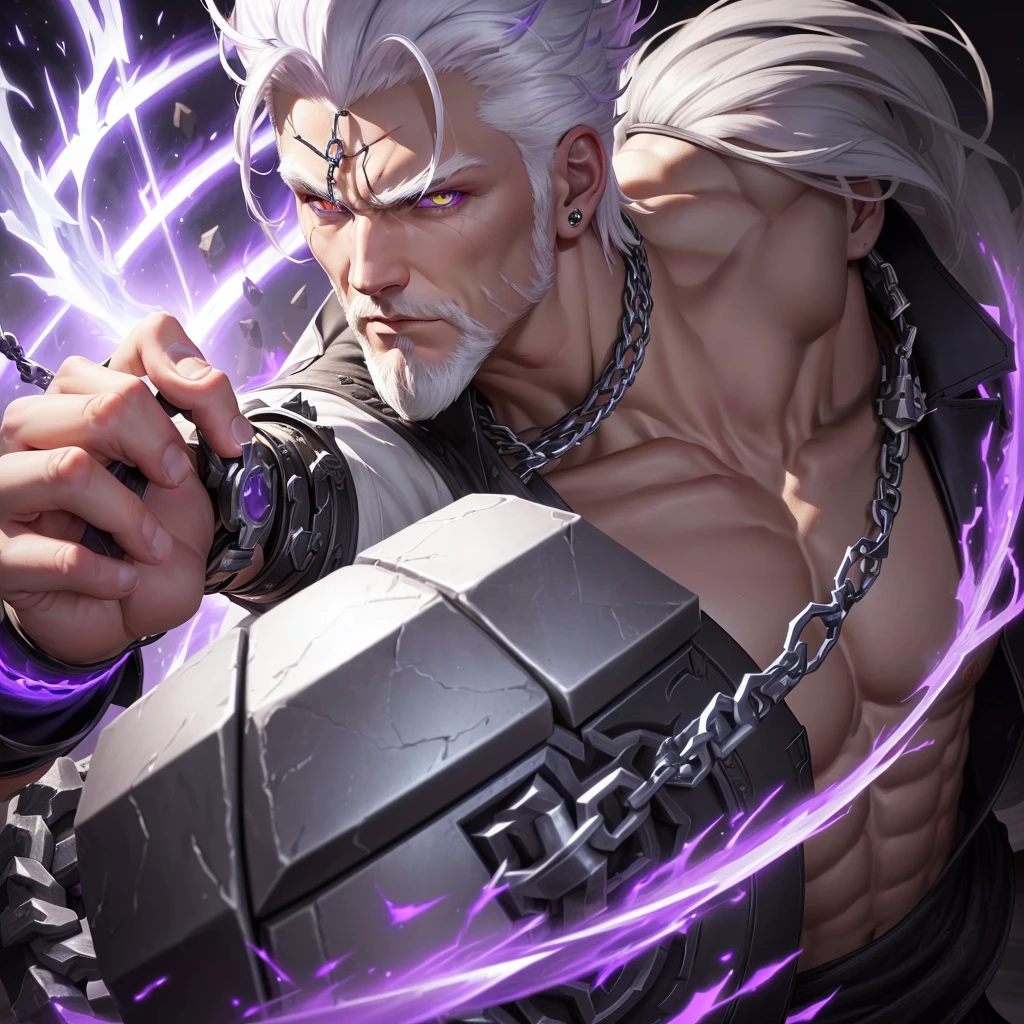 A closeup of a white haired man, purple eyes holding a stone with chains, official splash art, mobile legends, splash art, iconic character splash art, 8k hd wallpaper jpeg artifact, 8k hd wallpaper jpeg artifact, wild crack