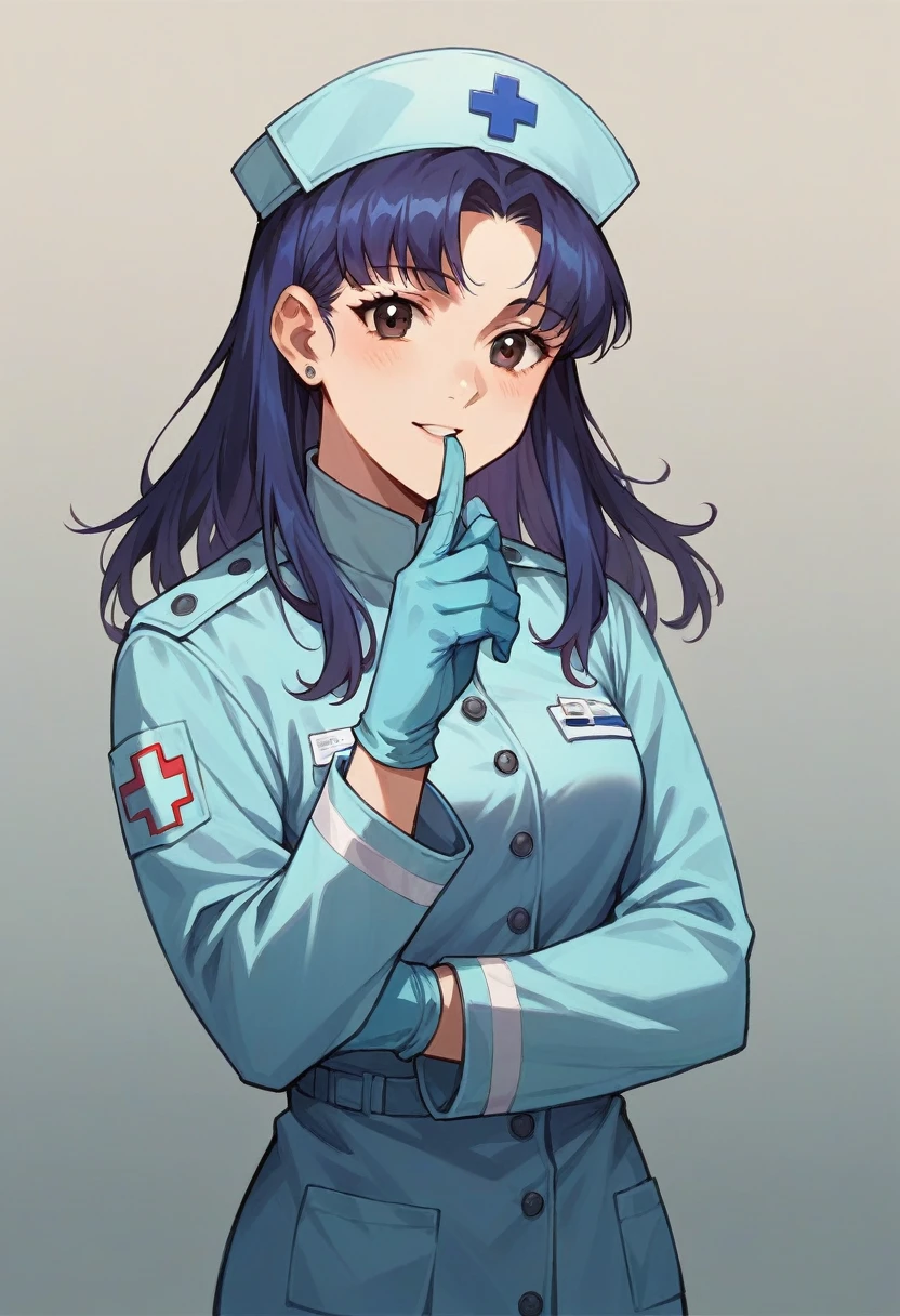 1girl, misato katsuragi, ((blue medical gloves)), (paramedic uniform), ((long sleeves)), looking at viewer, standing, solo

