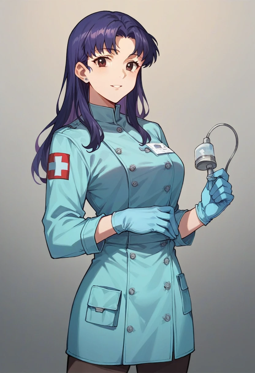 1girl, misato katsuragi, ((blue medical gloves)), (paramedic uniform), ((long sleeves)), looking at viewer, standing, solo

