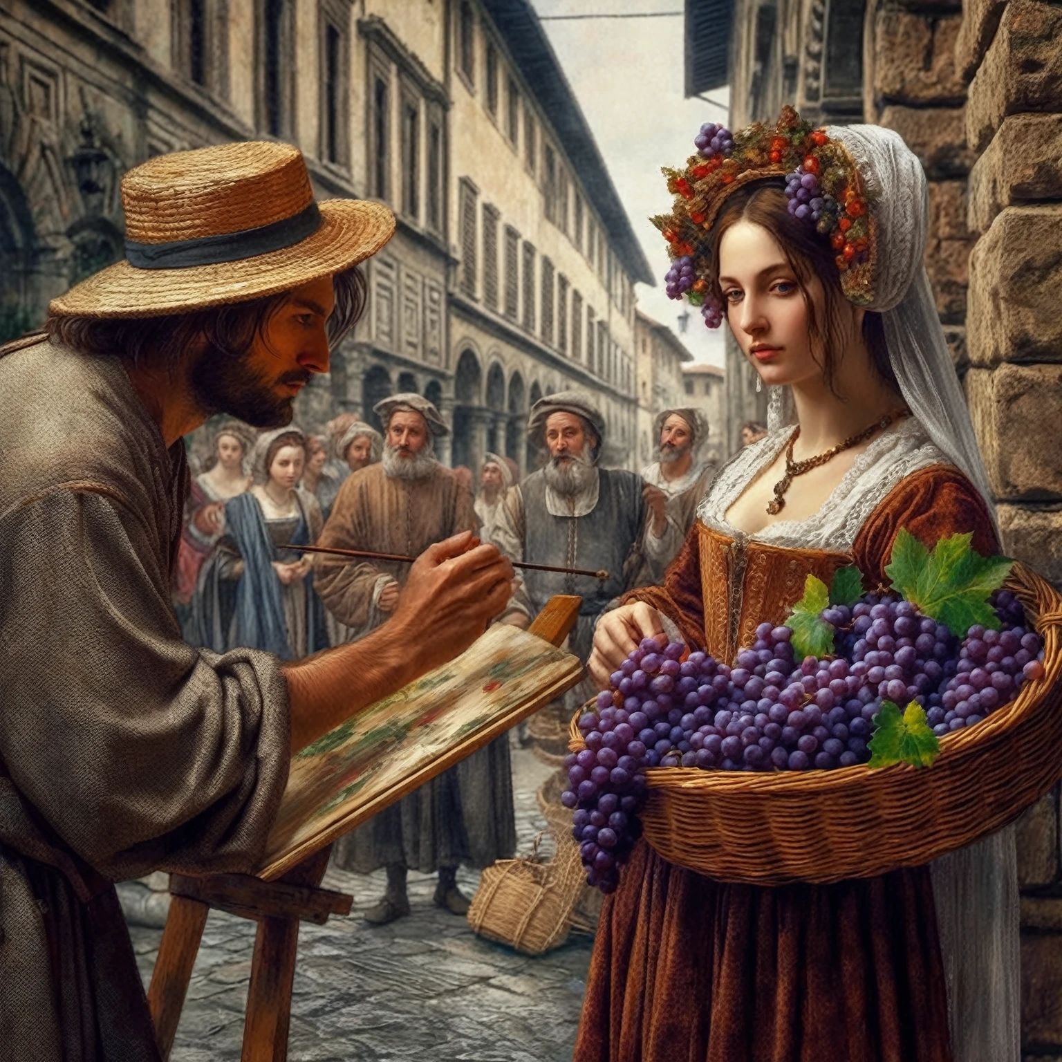 A picture, depicting a woman posing, holding a basket of grapes, and a man painting a picture, renaissance digital painting, in a renaissance style, in the high renaissance style, живопись in a renaissance style, in a renaissance style, based on Filippino Lippi, в Carlo People, In the style of da Vinci, Renaissance painting style, Realistic portrait of the Renaissance, Renaissance Art style, Renaissance oil painting, Renaissance Art