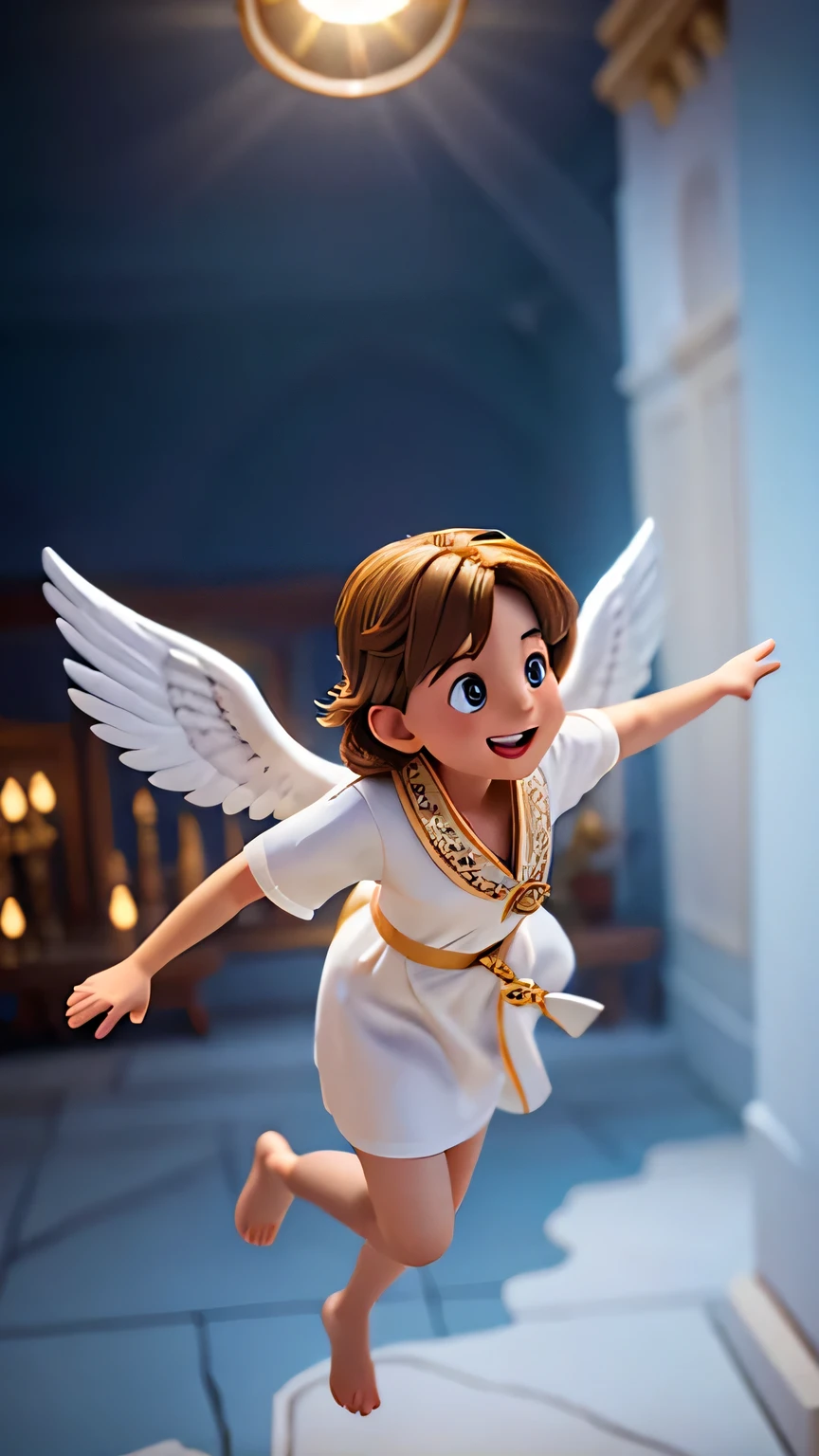 motion scene, angel flying quickly in the sky among the clouds, , wearing white robe, smiling happily, with detailed eyes, extremely detailed face, full body, intricate robes, warm lighting, vibrant colors, photorealistic, 8k, works masters, cinematographic composition, spectacular lighting. volumetric lighting, chiaroscuro, divine, spiritual, serene, hopeful, bright aura, 4k, ultra detail